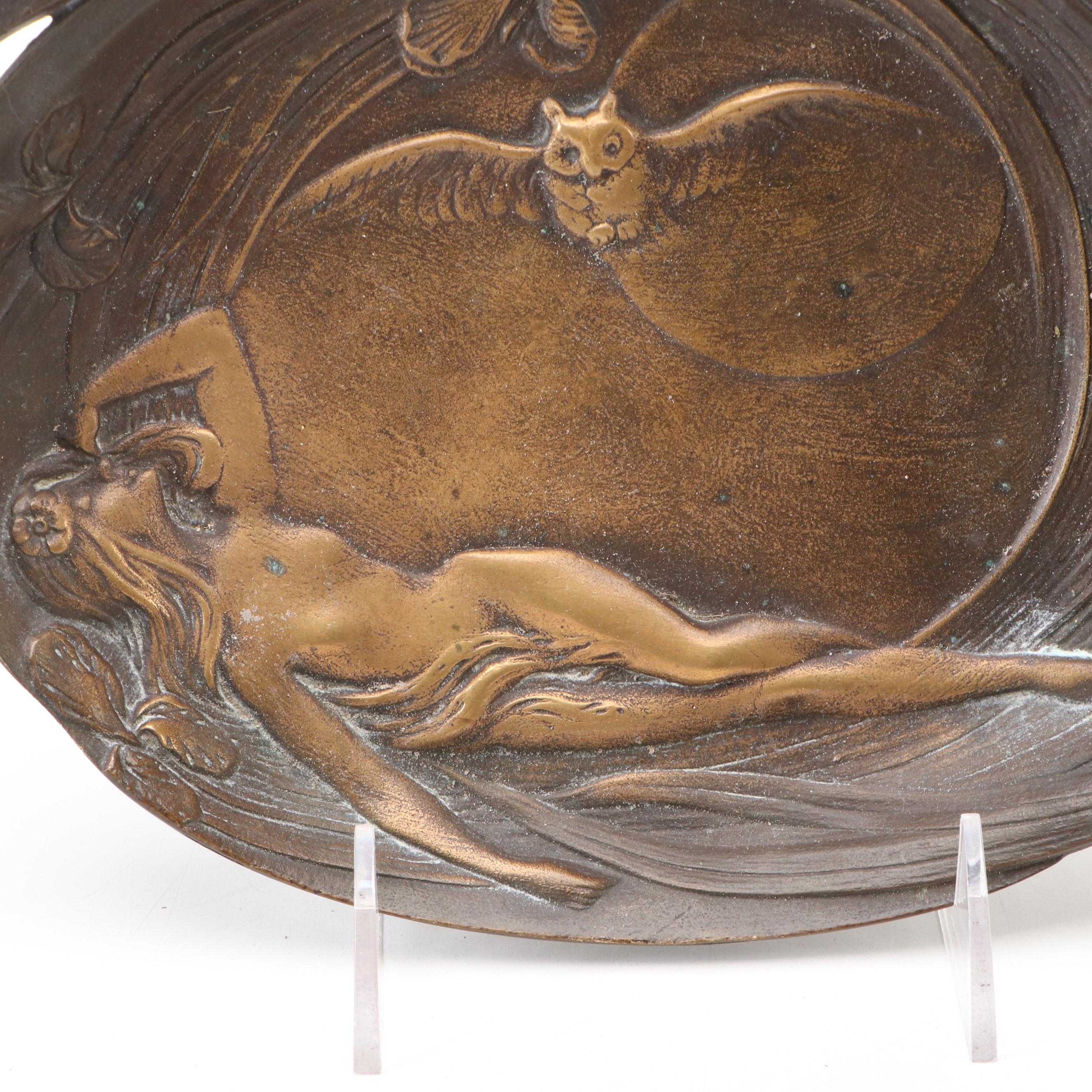 Brass Art Nouveau Style Sleeping Nude with Owl and Irises Tray