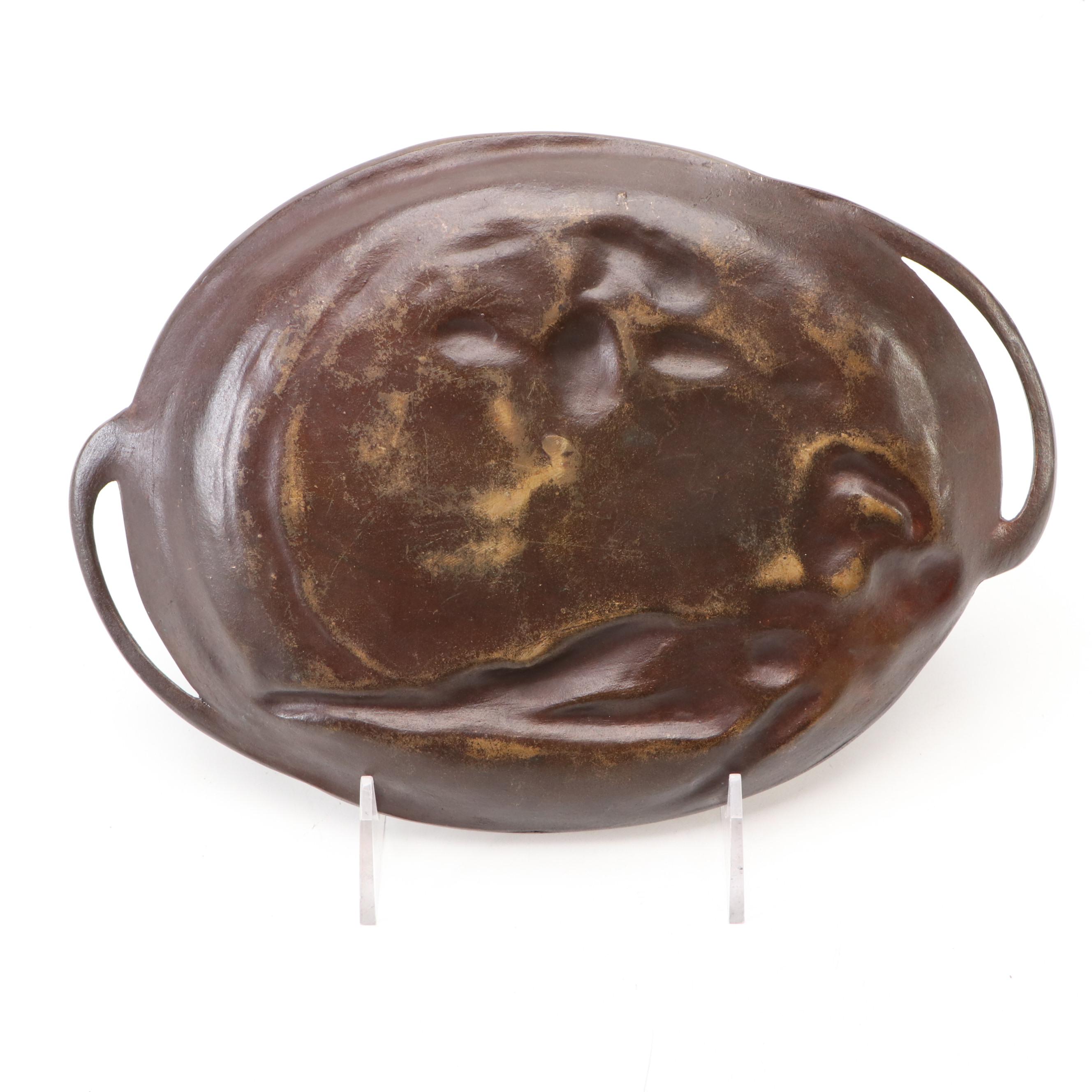 Brass Art Nouveau Style Sleeping Nude with Owl and Irises Tray