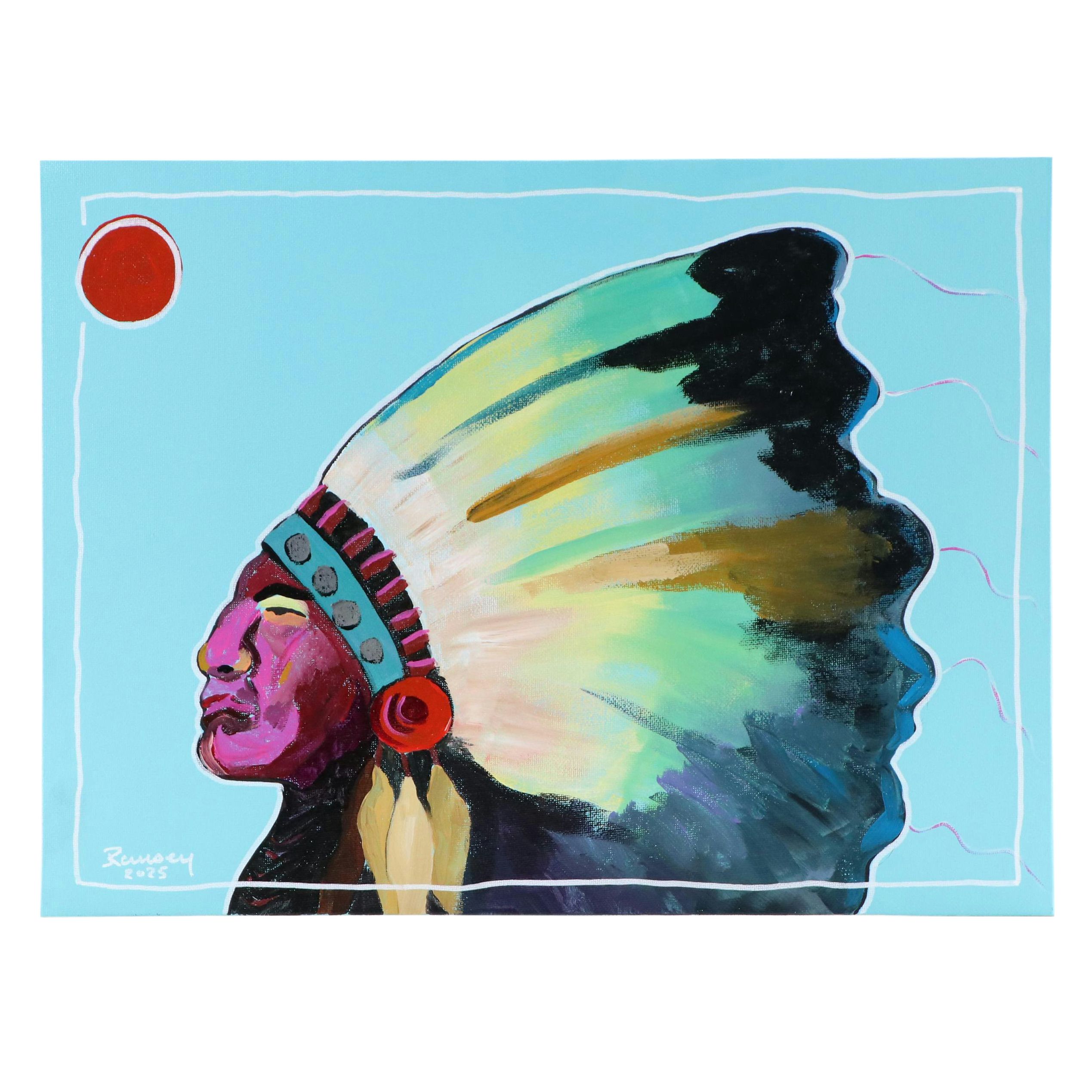 Joshua Ramsey Stylized Acrylic Painting of a Native American "Ancestors #9"