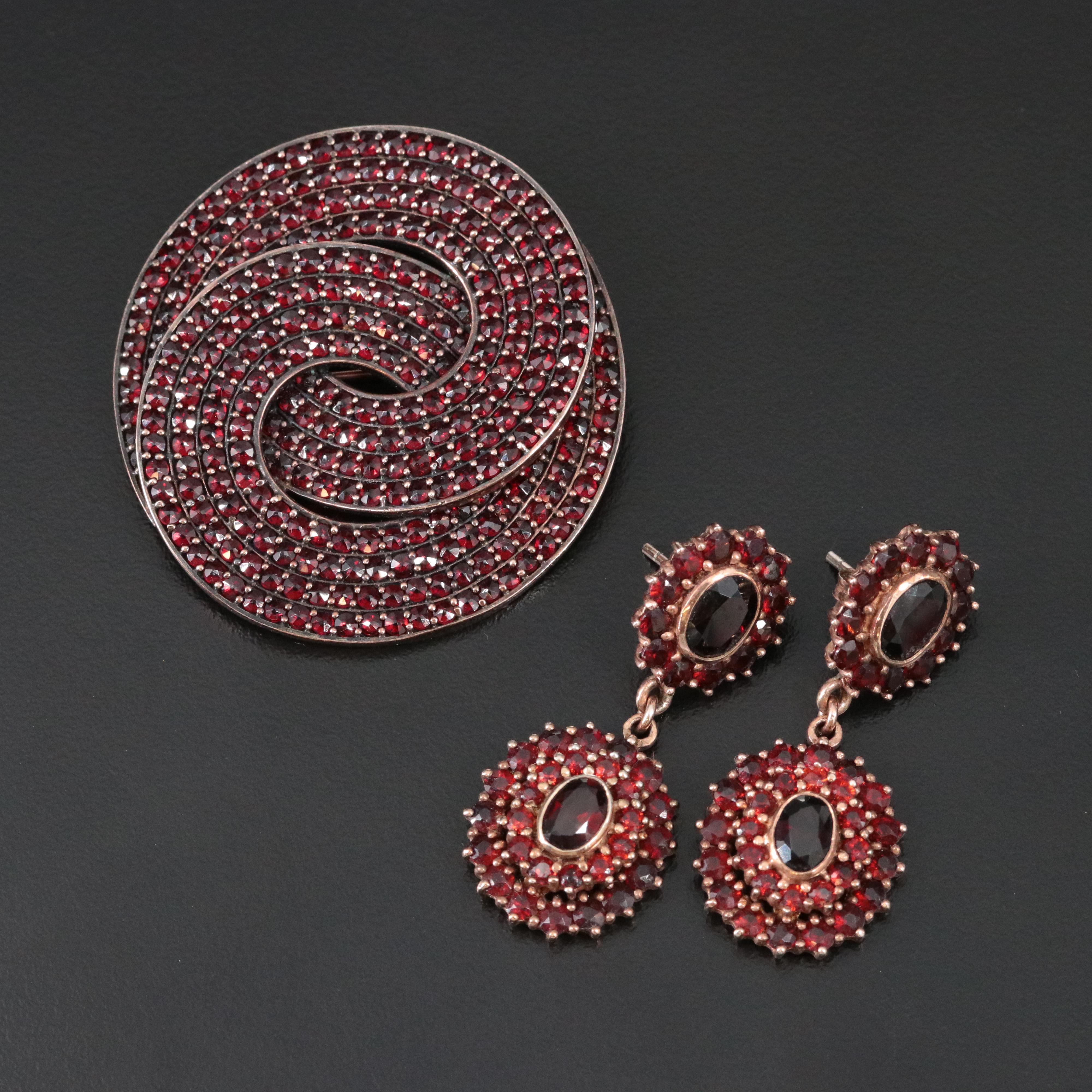 Sterling and 900 Silver Garnet Geometric Brooch and Drop Earrings