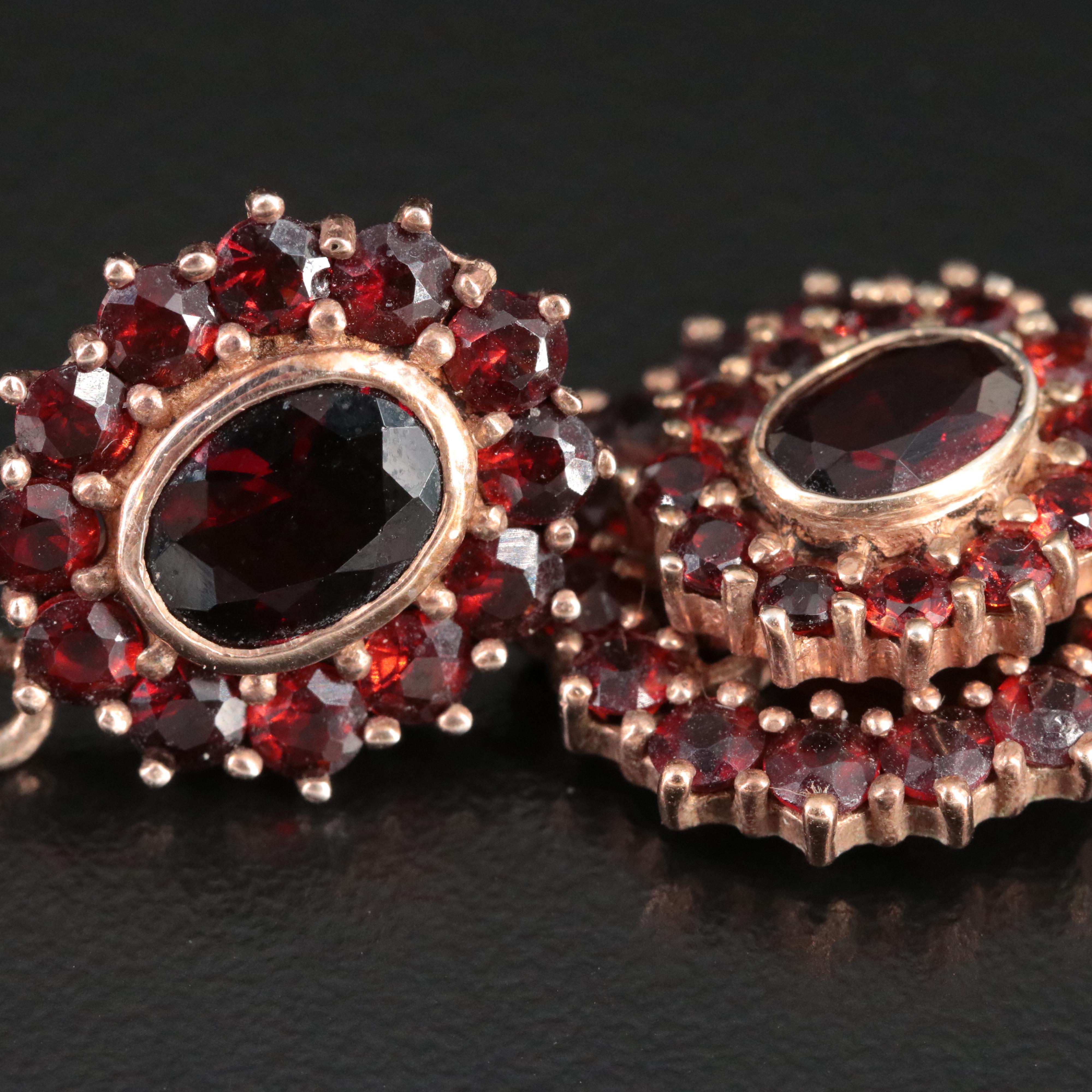 Sterling and 900 Silver Garnet Geometric Brooch and Drop Earrings