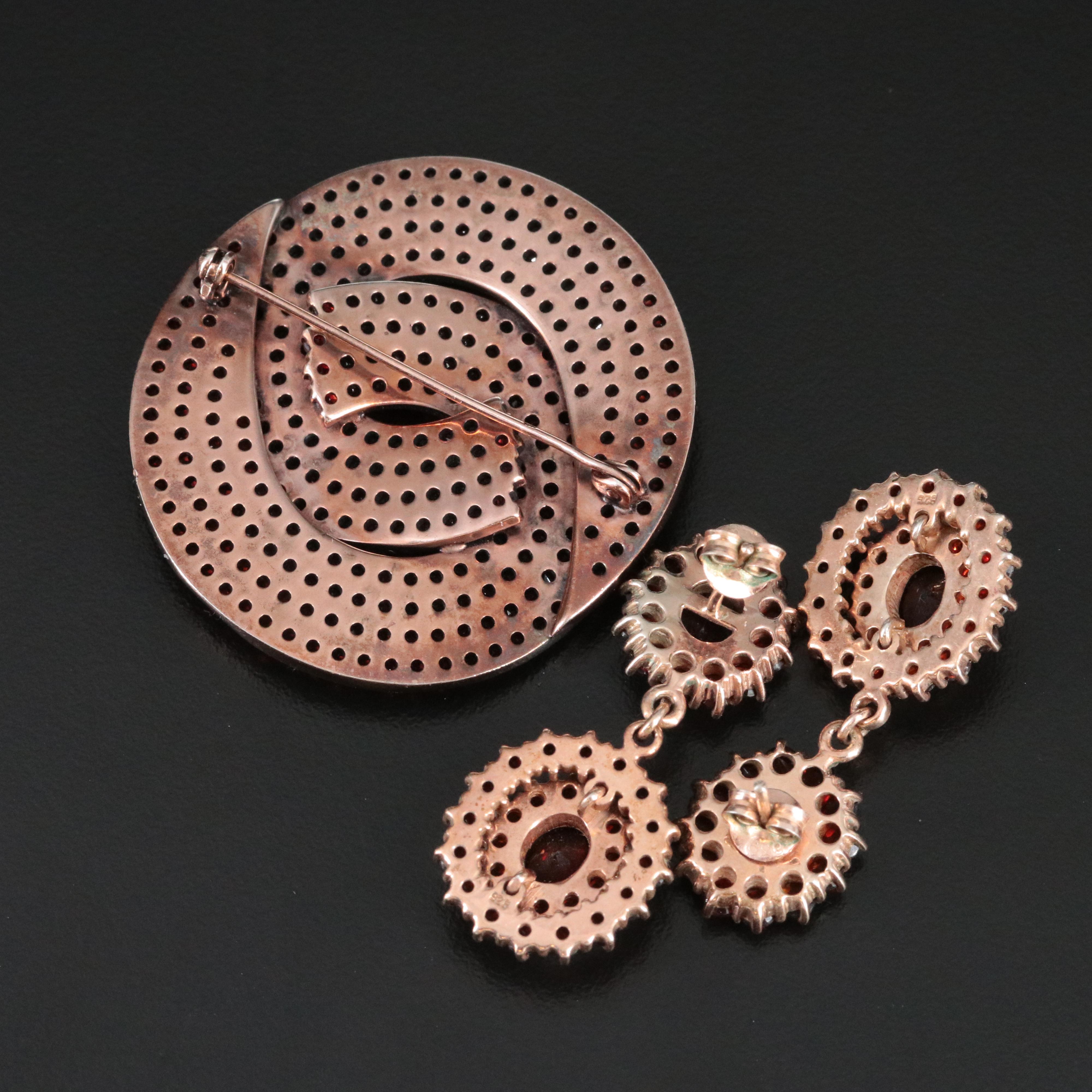 Sterling and 900 Silver Garnet Geometric Brooch and Drop Earrings