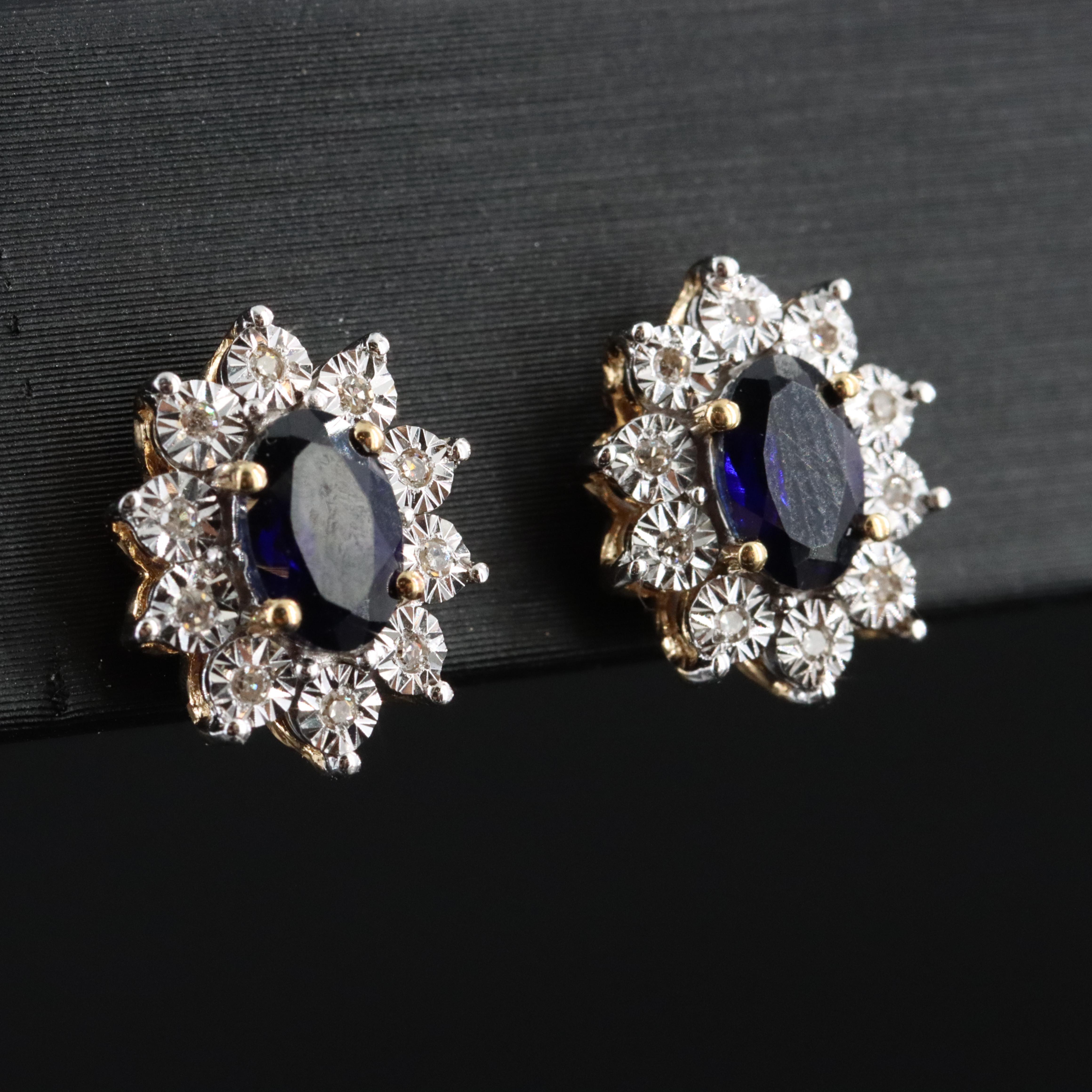 Sterling Sapphire and Diamond Earrings in Gold Tone