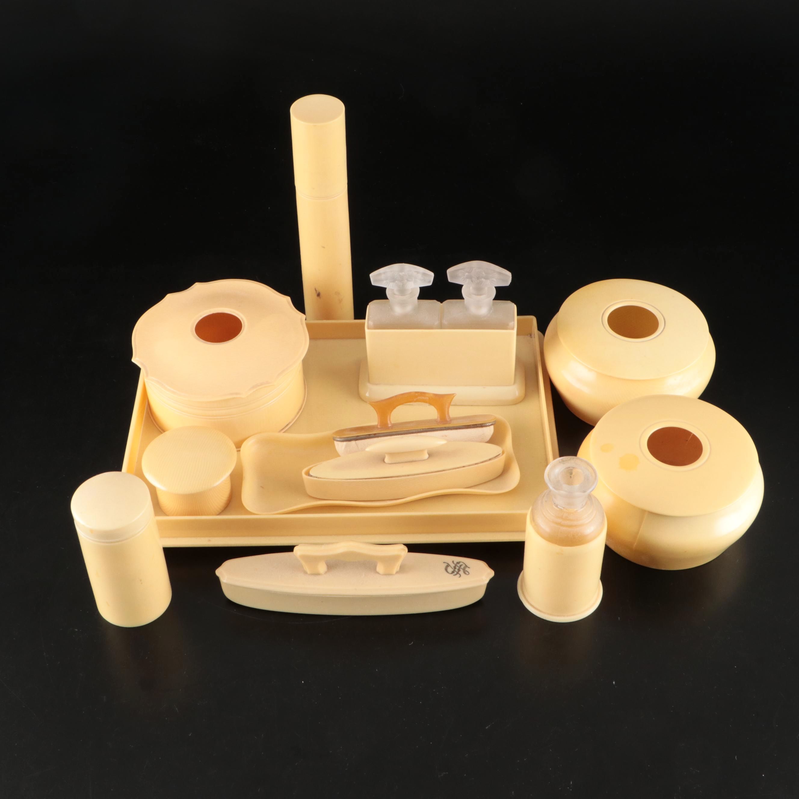 French Ivory Celluloid Ladies Vanity Tray, with Perfume Bottles and More
