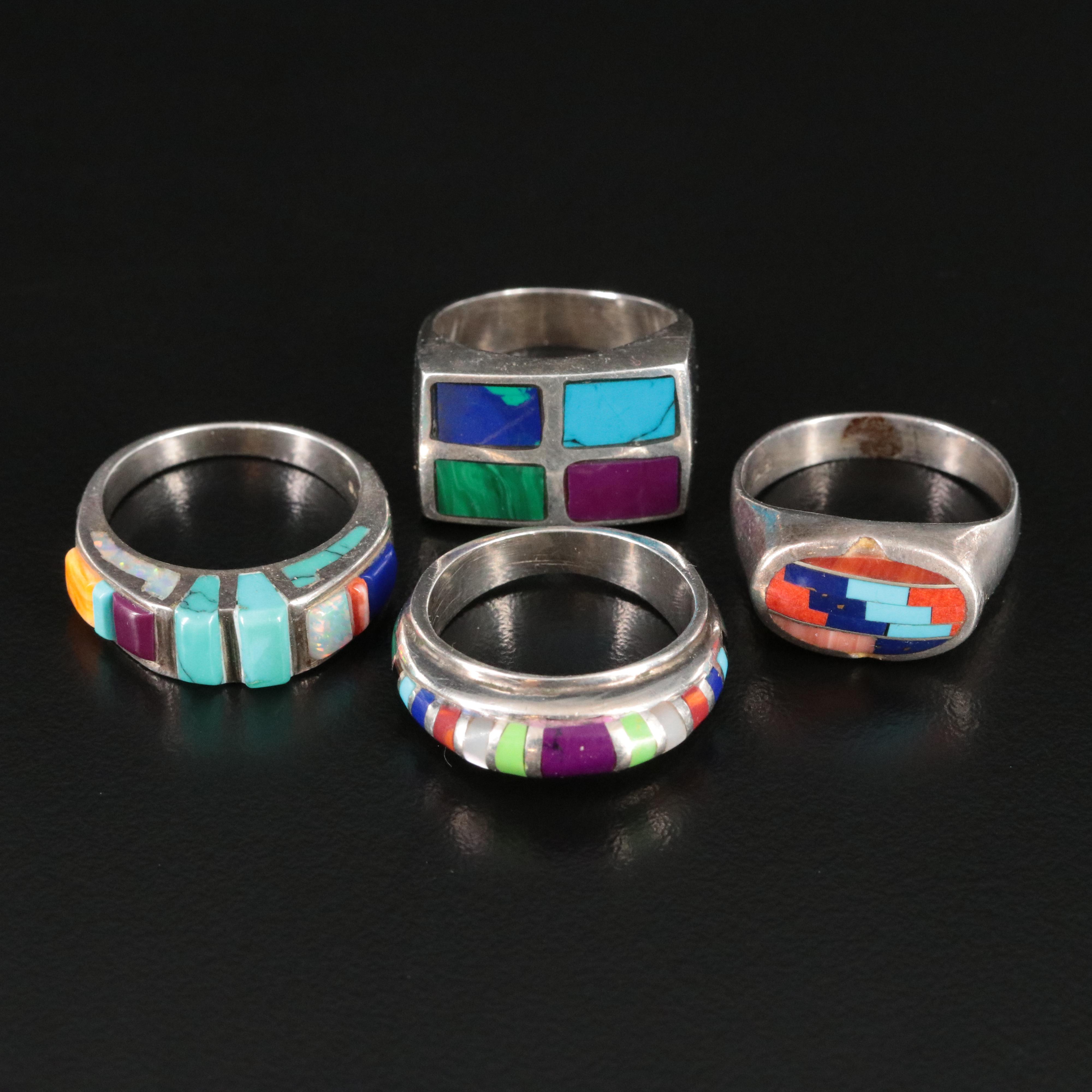 Sterling Ring Collection Including Coral and Inlay