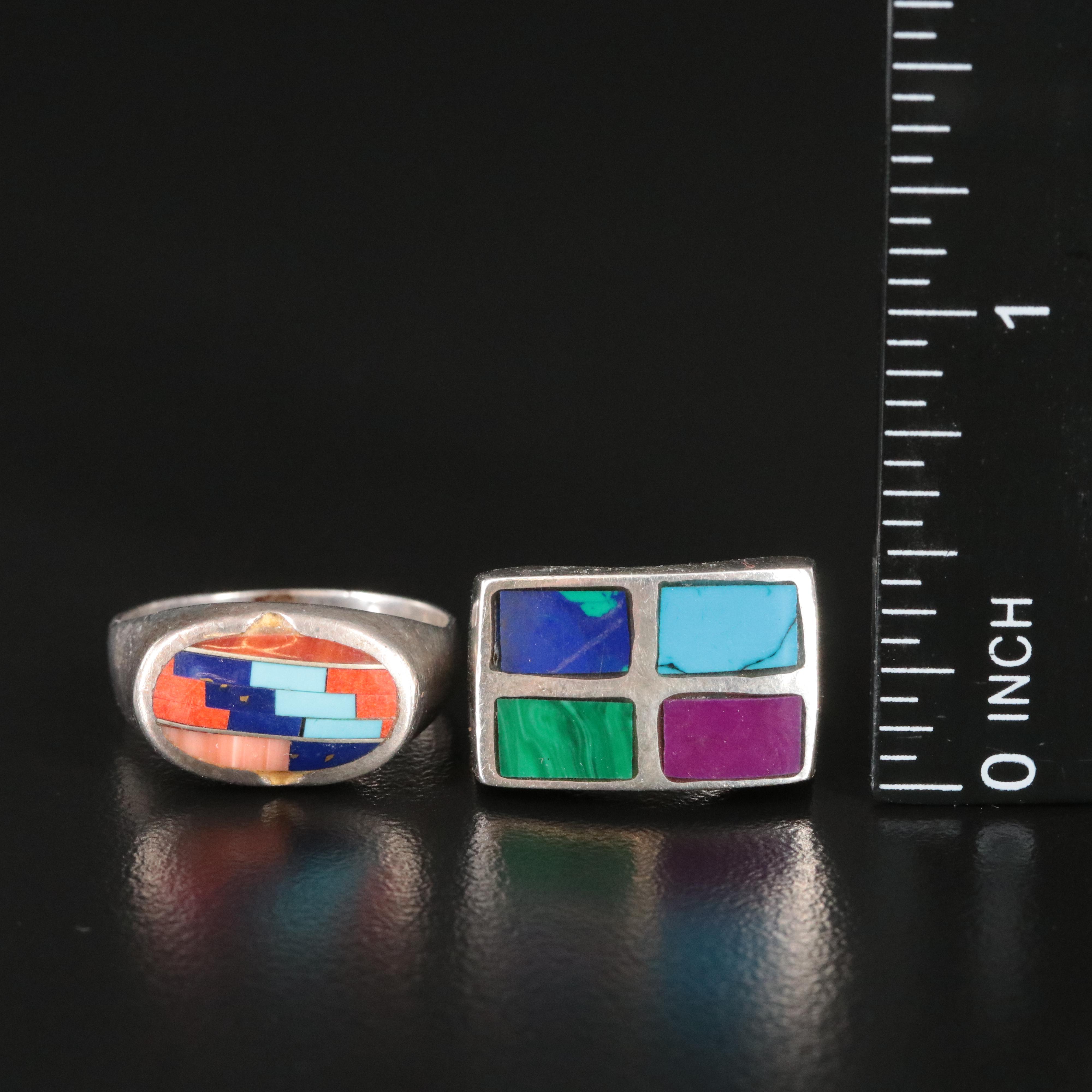 Sterling Ring Collection Including Coral and Inlay