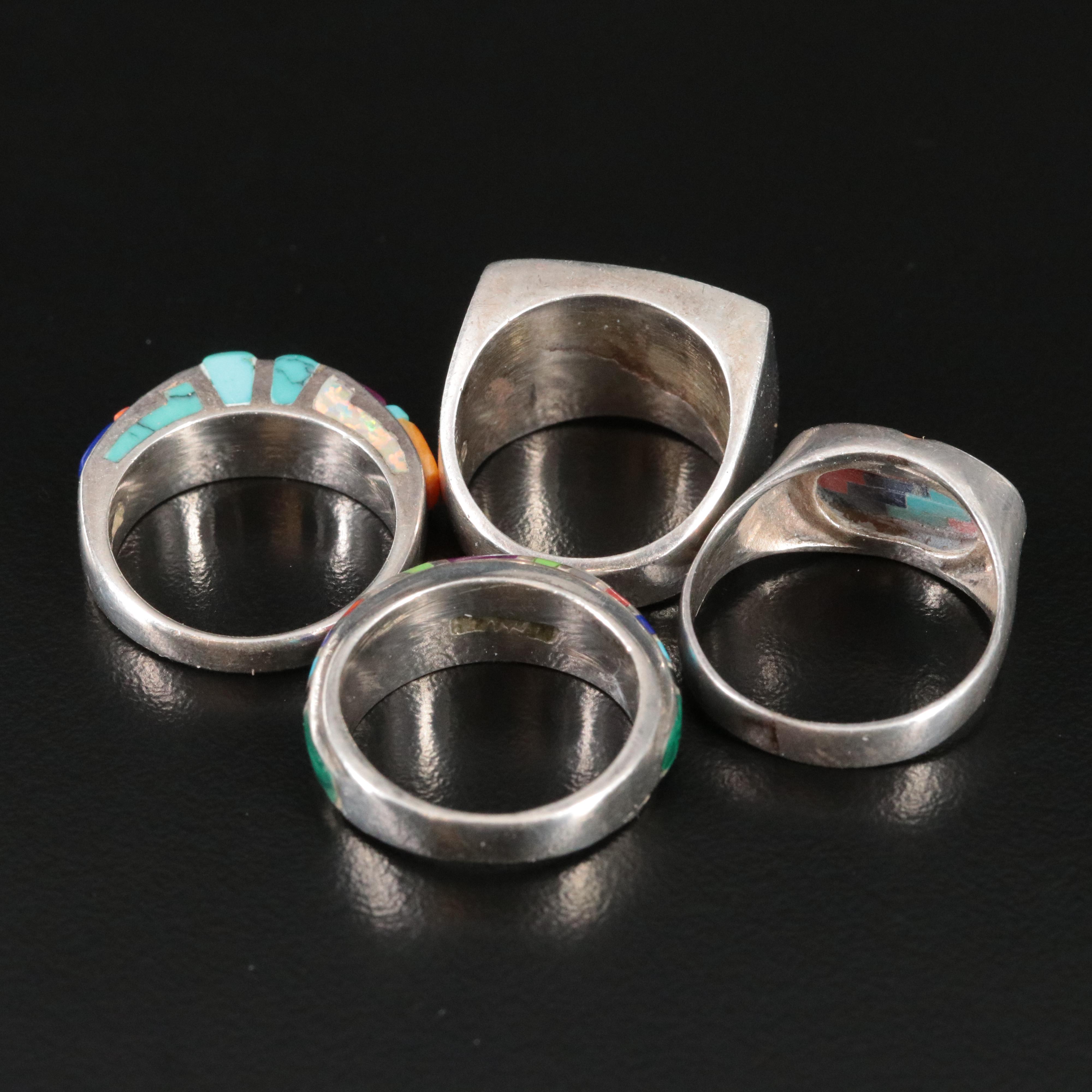 Sterling Ring Collection Including Coral and Inlay