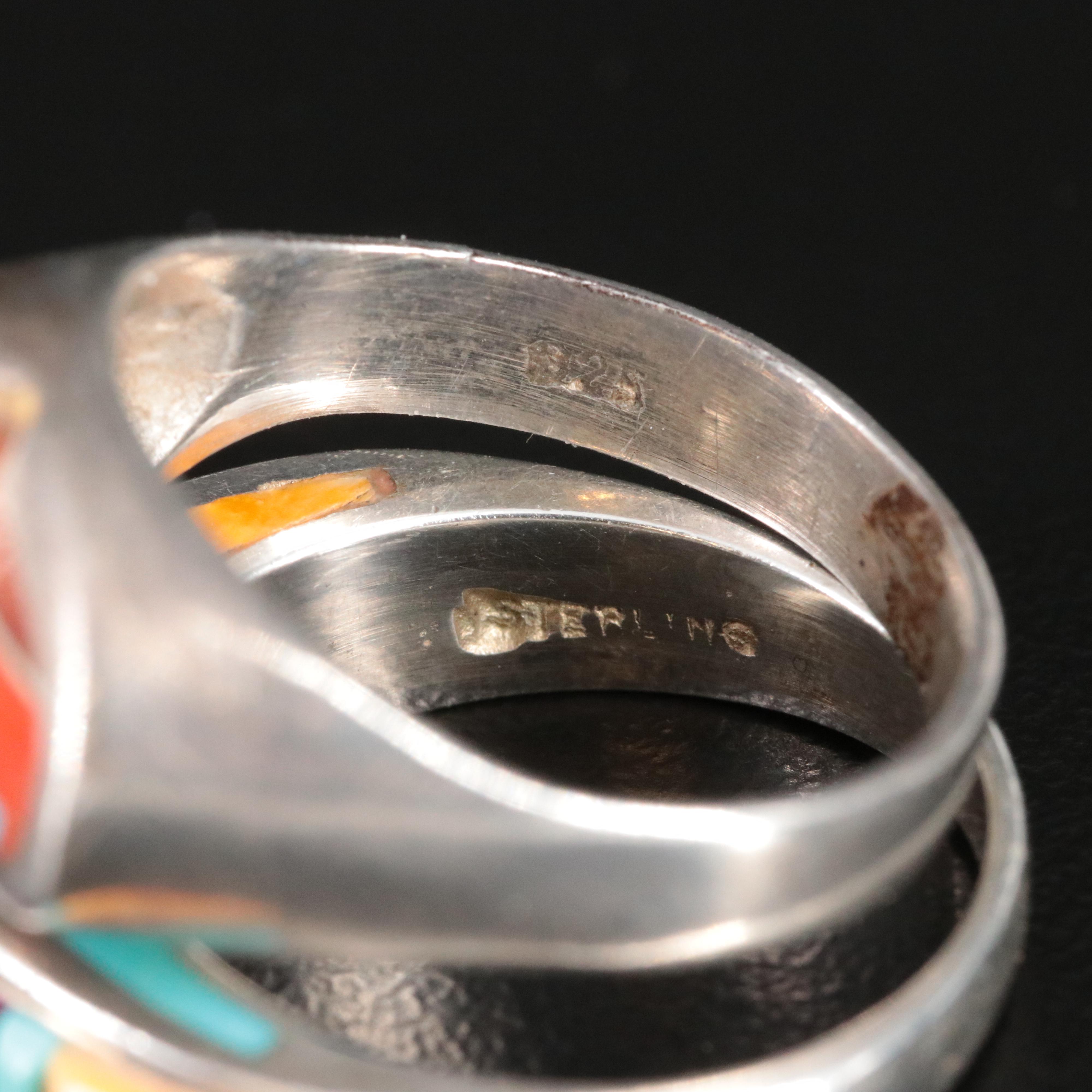 Sterling Ring Collection Including Coral and Inlay