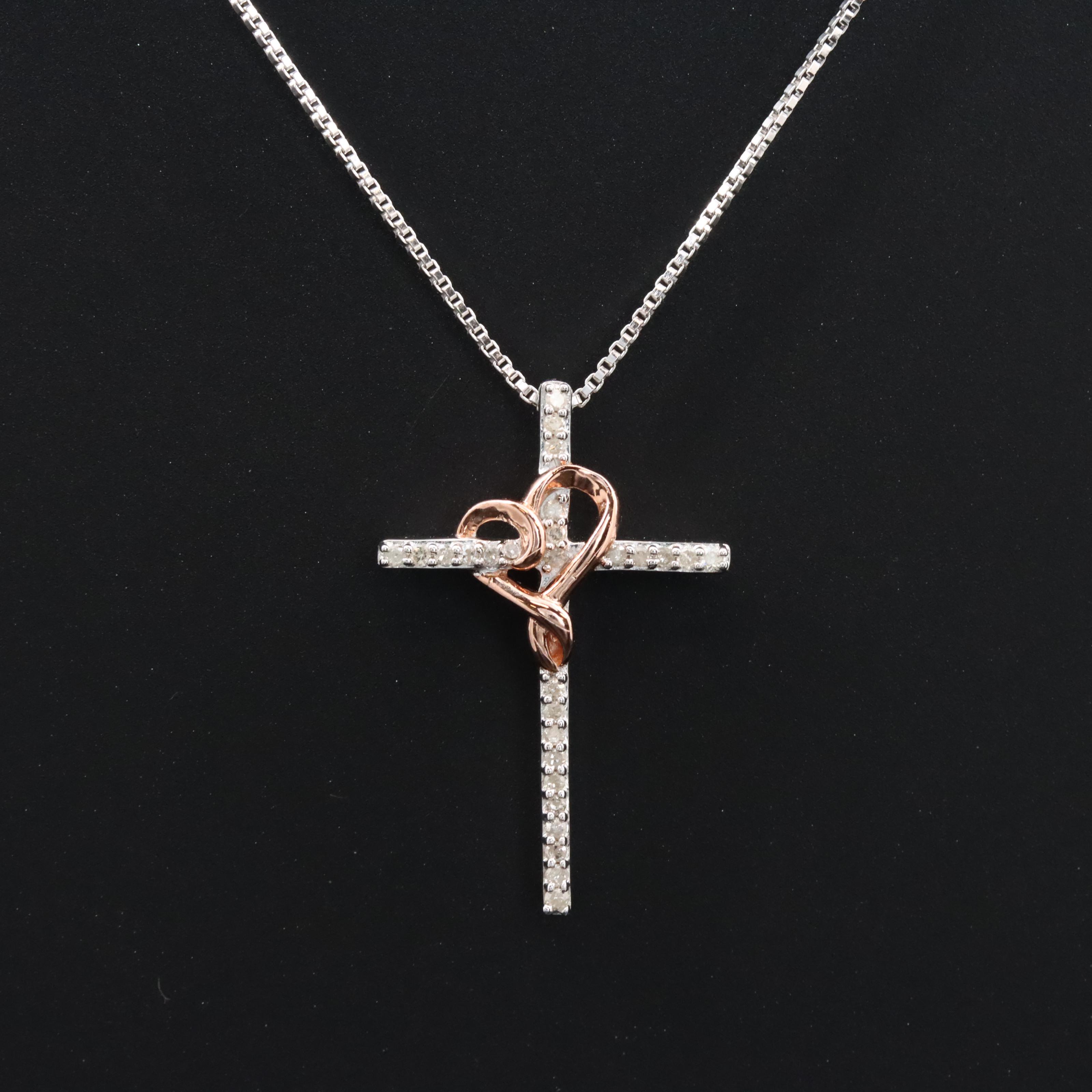 Hallmark Sterling and Diamond Cross Pendant Necklace with Rose Tone Heart Accent