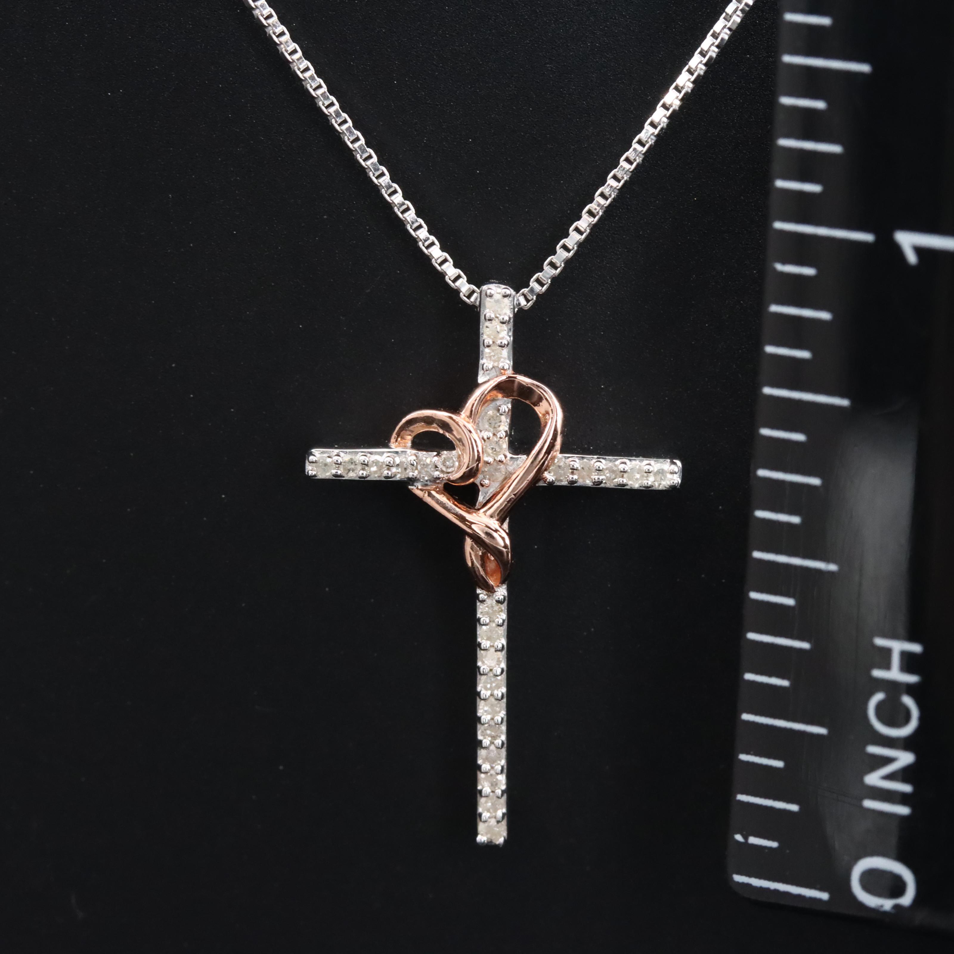 Hallmark Sterling and Diamond Cross Pendant Necklace with Rose Tone Heart Accent
