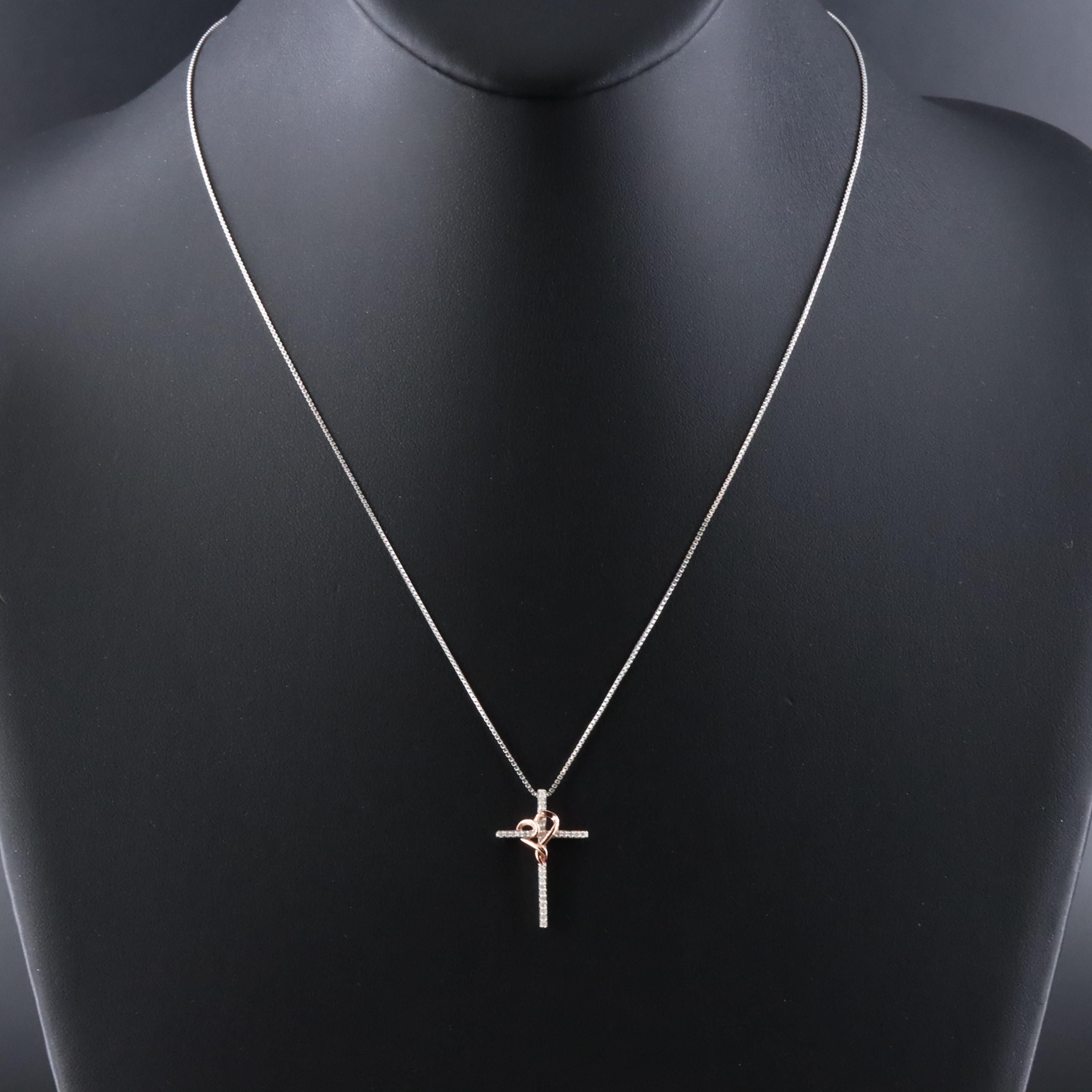 Hallmark Sterling and Diamond Cross Pendant Necklace with Rose Tone Heart Accent