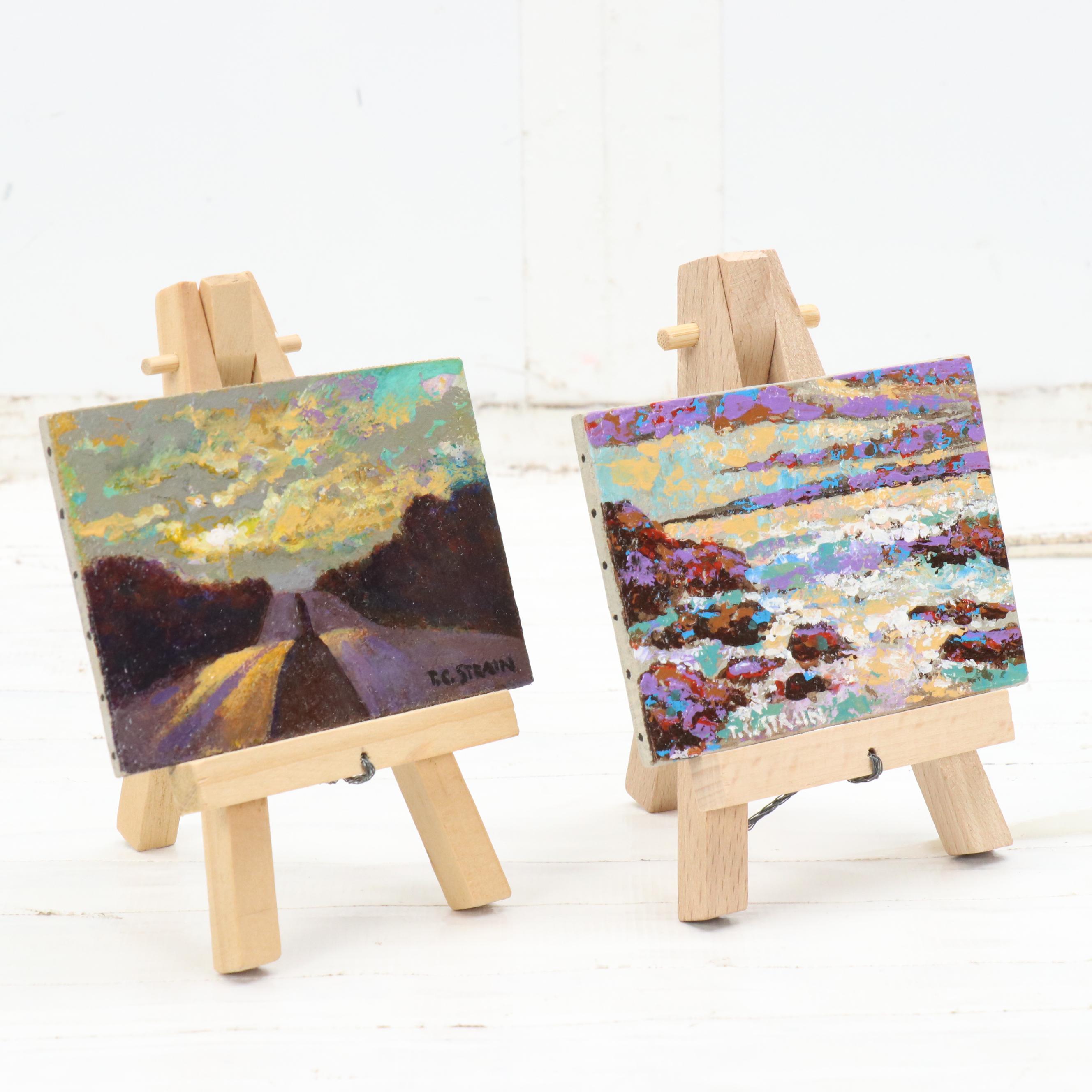 Timothy Clyde Strain Miniature Acrylic Landscape Paintings on Easels, 21st C.