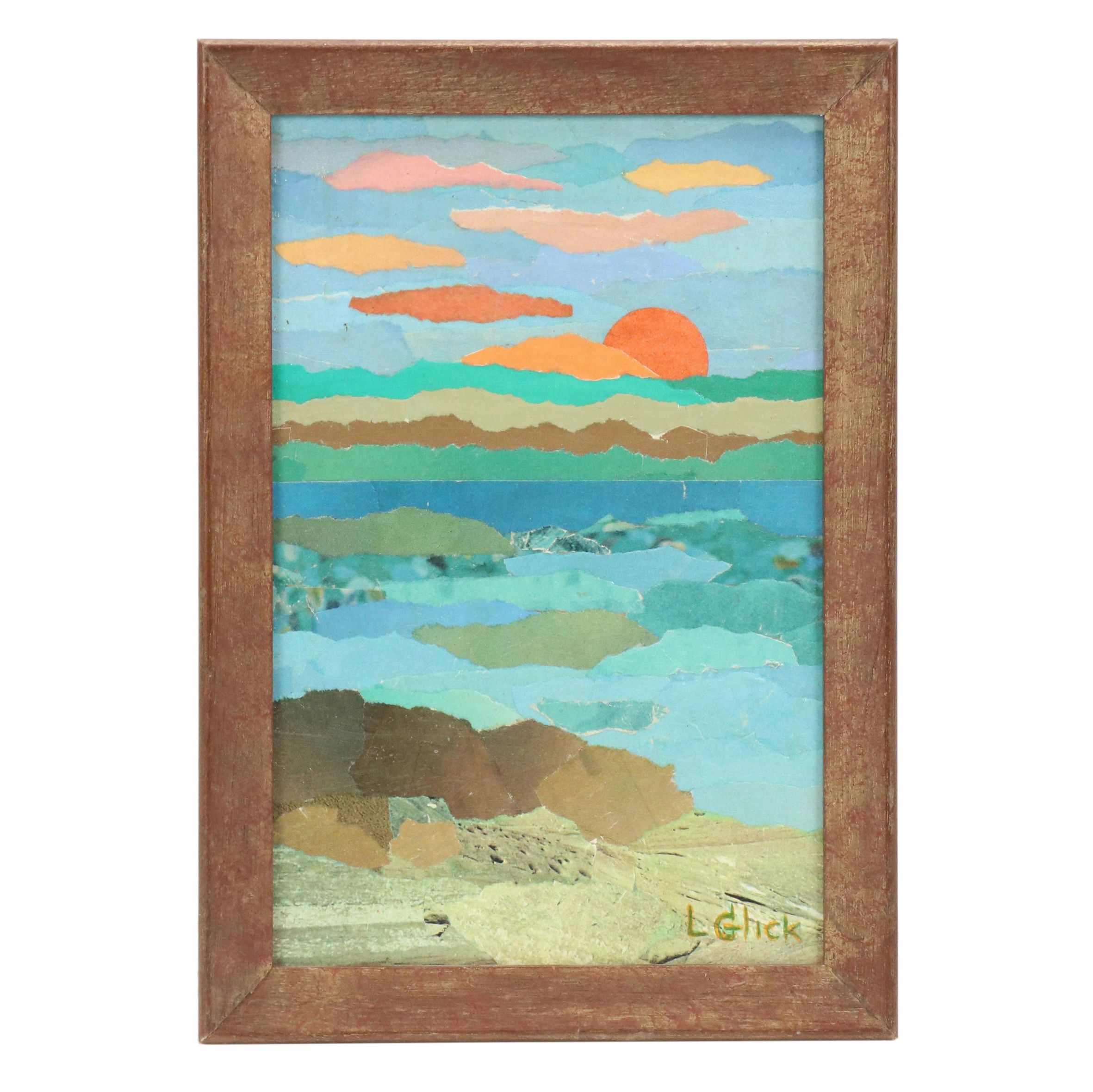 L. Glick Stylized Paper Collage of Sunset Over Beach, Late 20th–21st Century