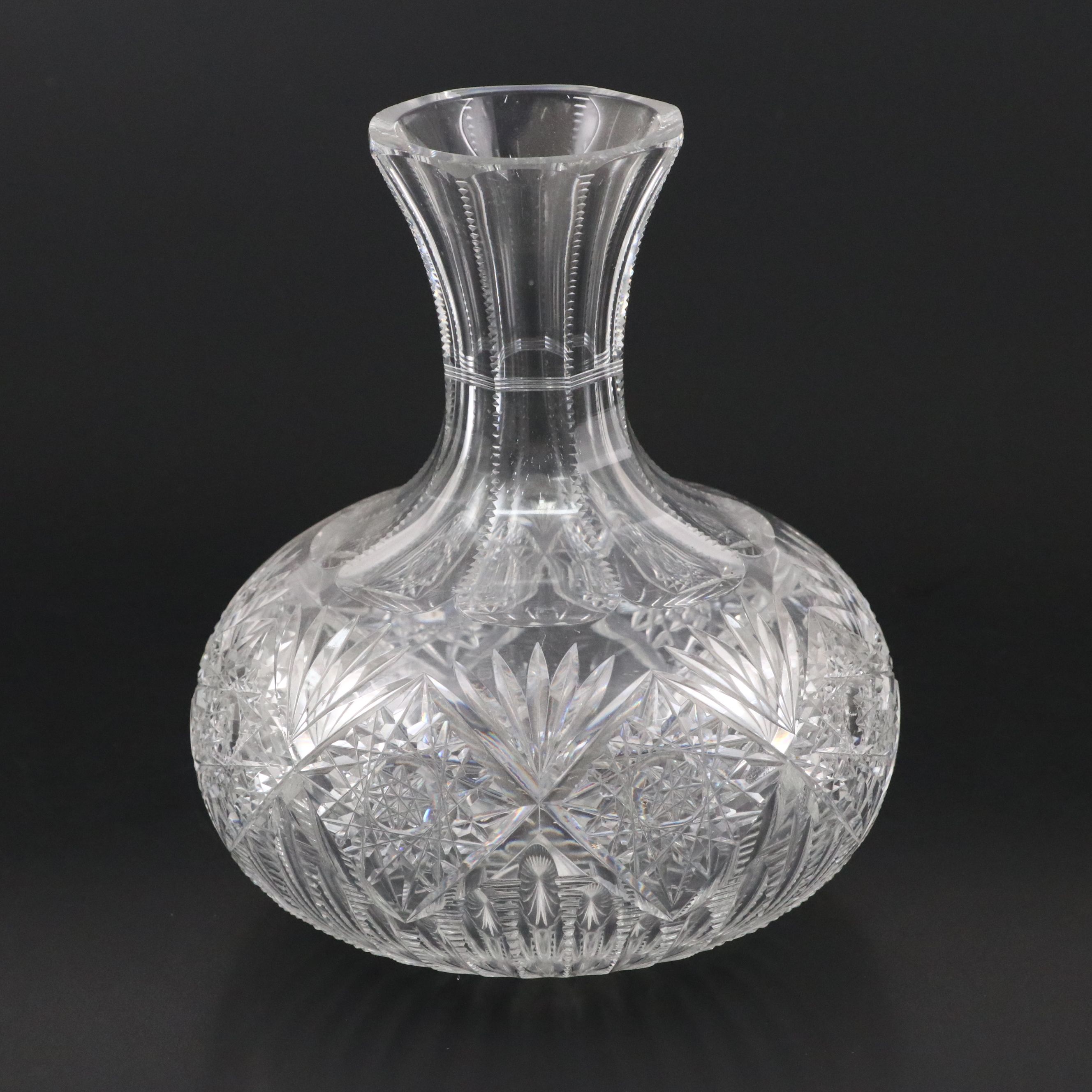 American Brilliant Style Zipper Cut Glass Bulbous Vase with Cut Crystal Vase