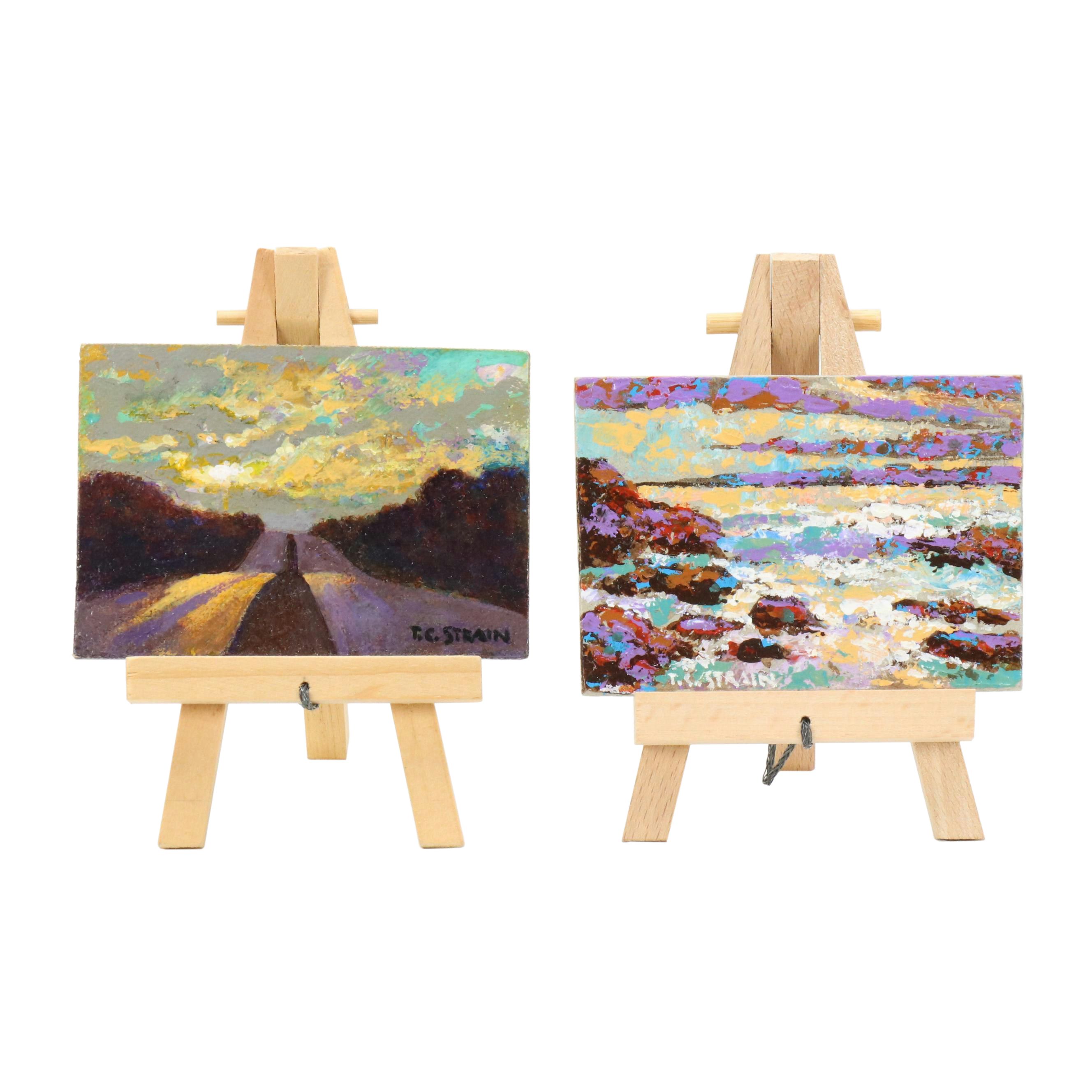 Timothy Clyde Strain Miniature Acrylic Landscape Paintings on Easels, 21st C.