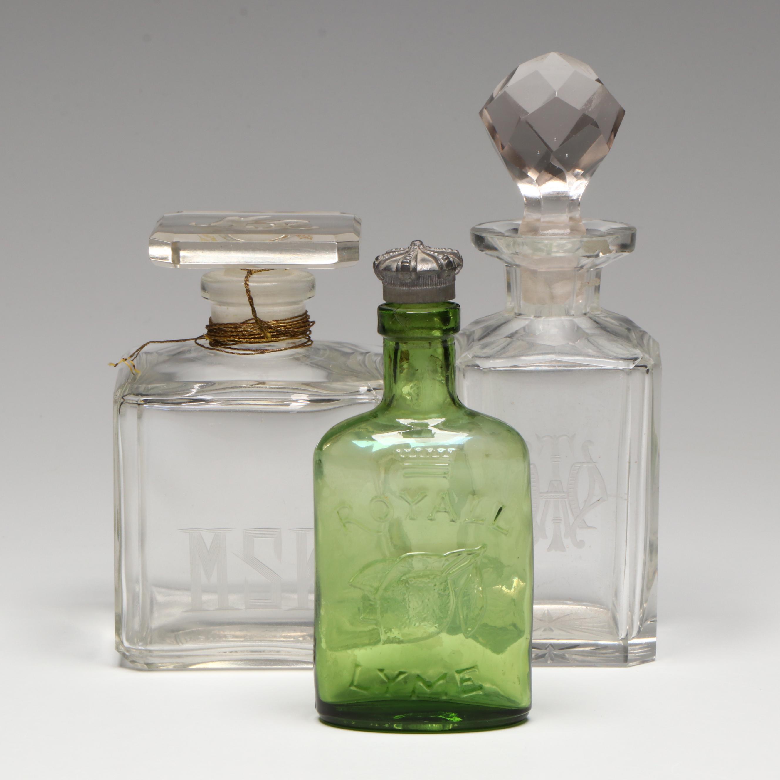 Crystal Decanter, Nettie Rosenstein Glass Decanter, and Royal Lyme Glass Bottle