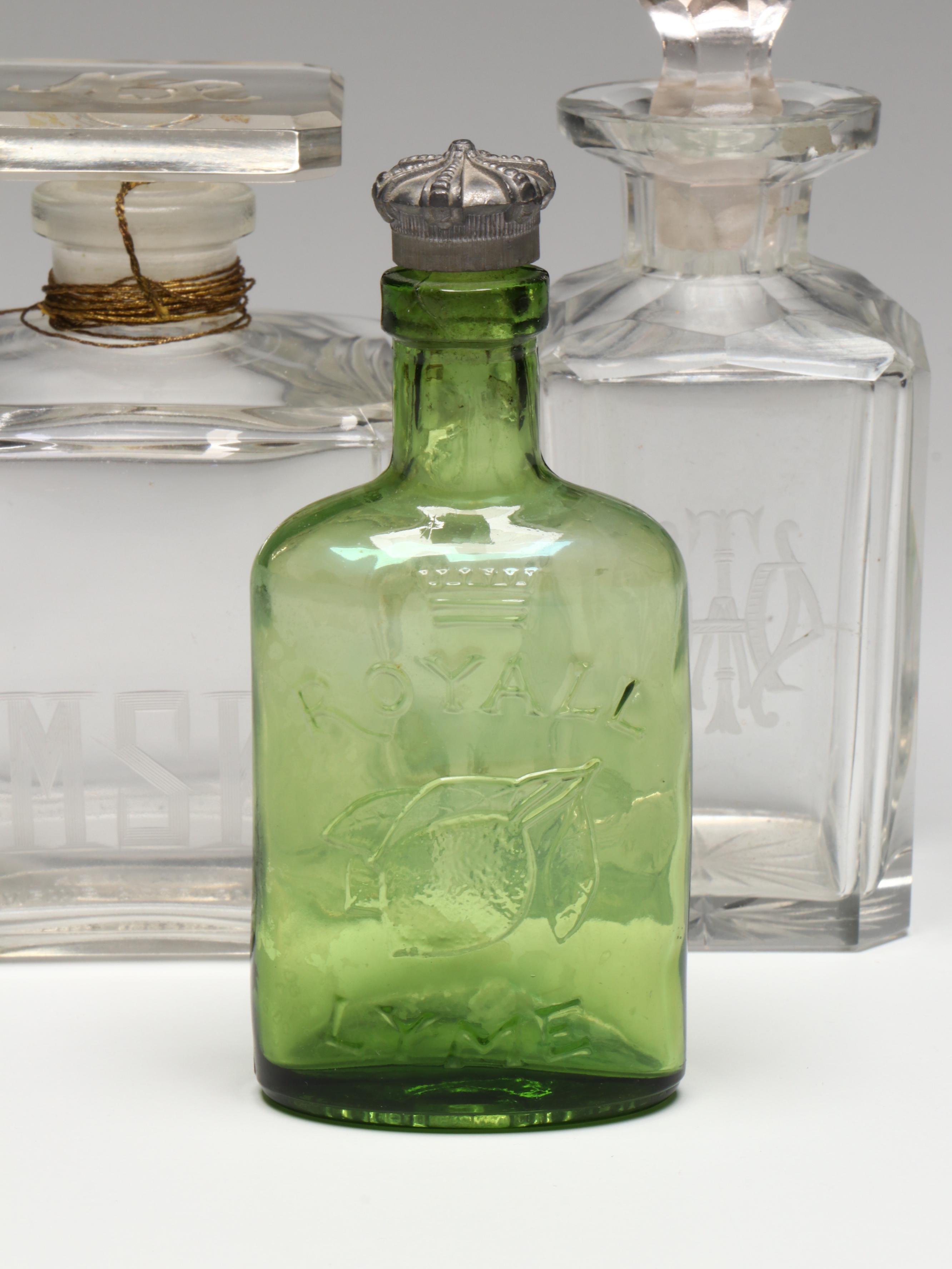 Crystal Decanter, Nettie Rosenstein Glass Decanter, and Royal Lyme Glass Bottle