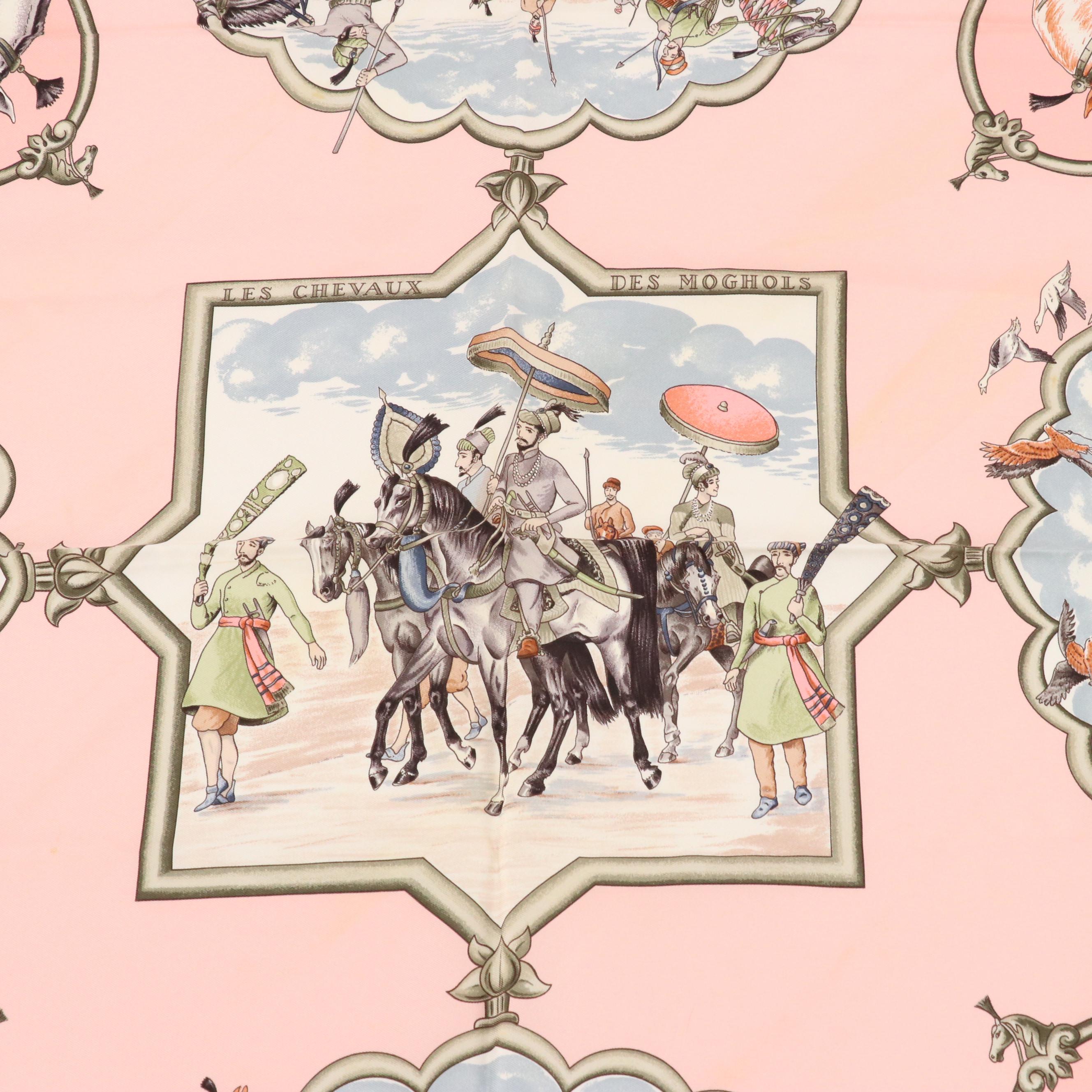 Hermès "Les Chevaux Des Moghols" Baby Pink Silk Twill Scarf 90