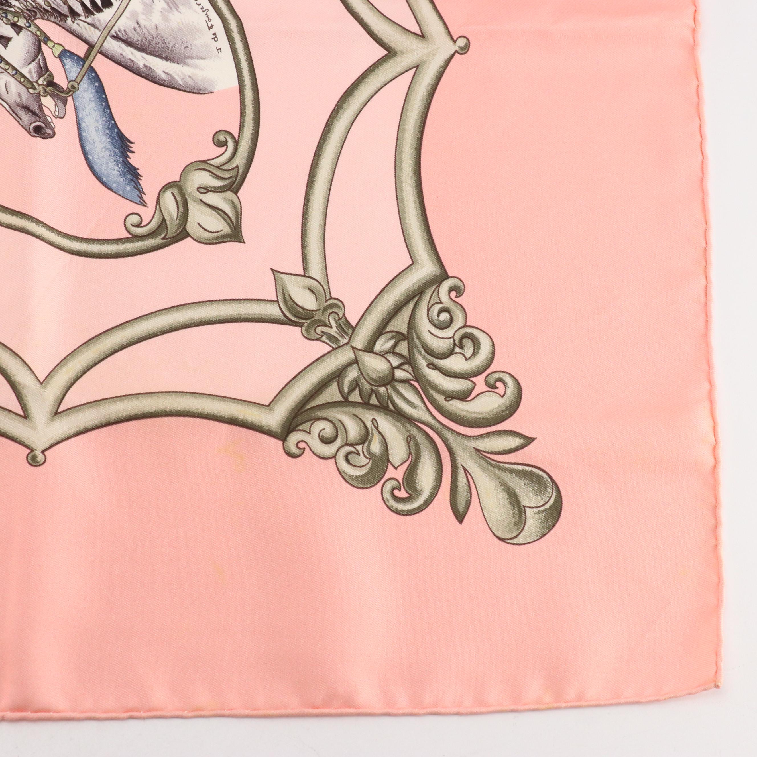 Hermès "Les Chevaux Des Moghols" Baby Pink Silk Twill Scarf 90