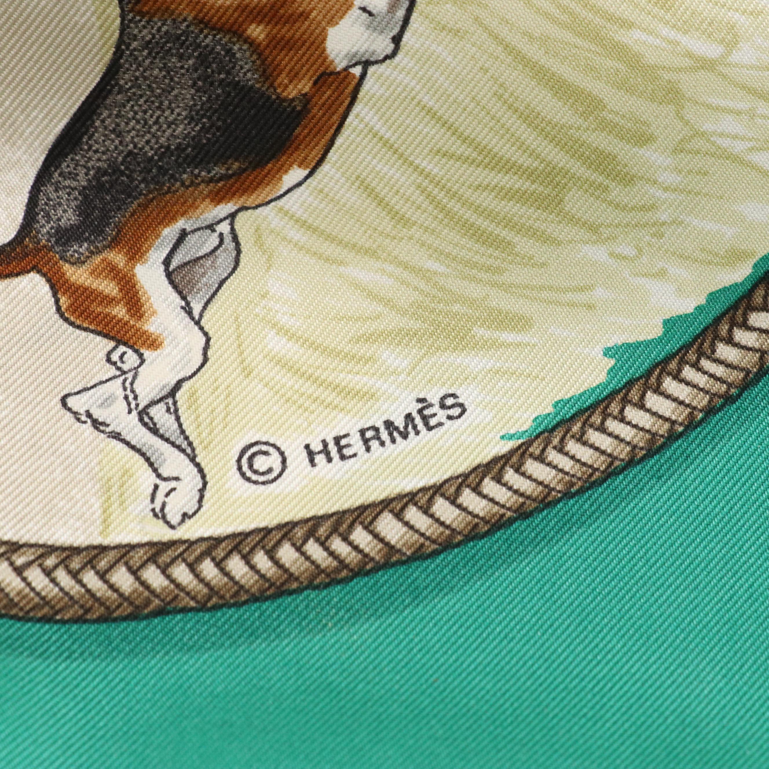 Hermès "Le Laisser Courre" Emerald Green Silk Twill Scarf 90