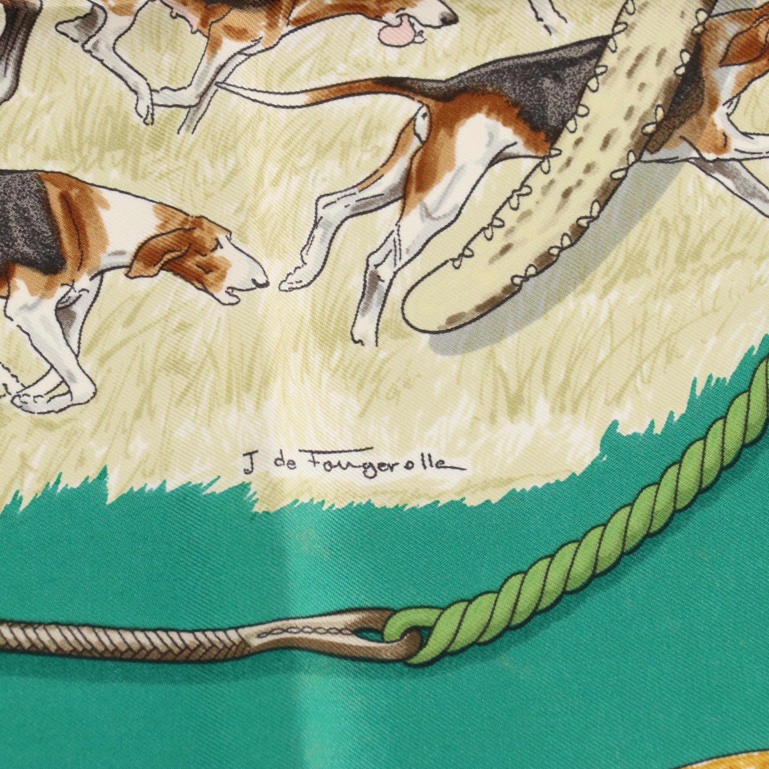 Hermès "Le Laisser Courre" Emerald Green Silk Twill Scarf 90