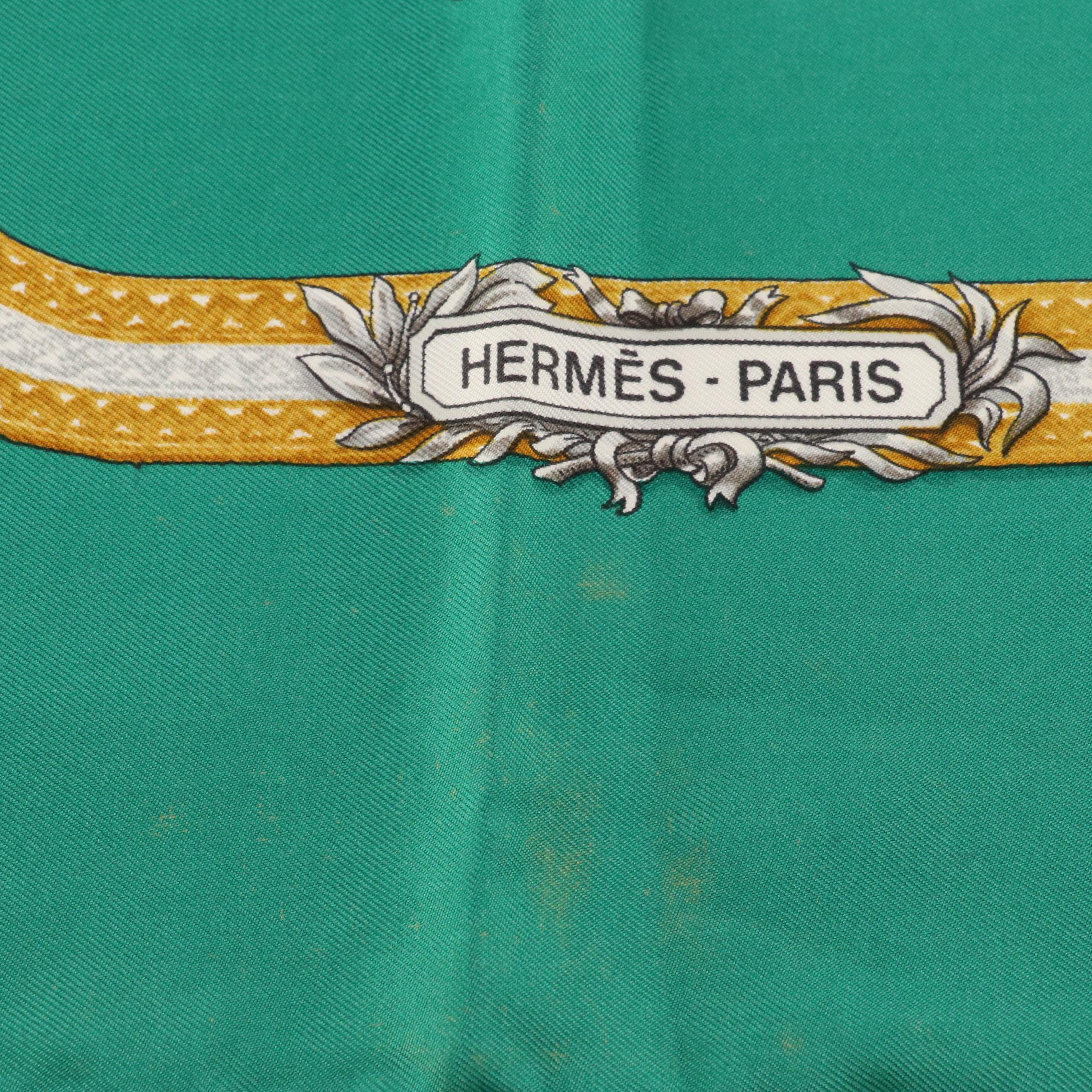 Hermès "Le Laisser Courre" Emerald Green Silk Twill Scarf 90