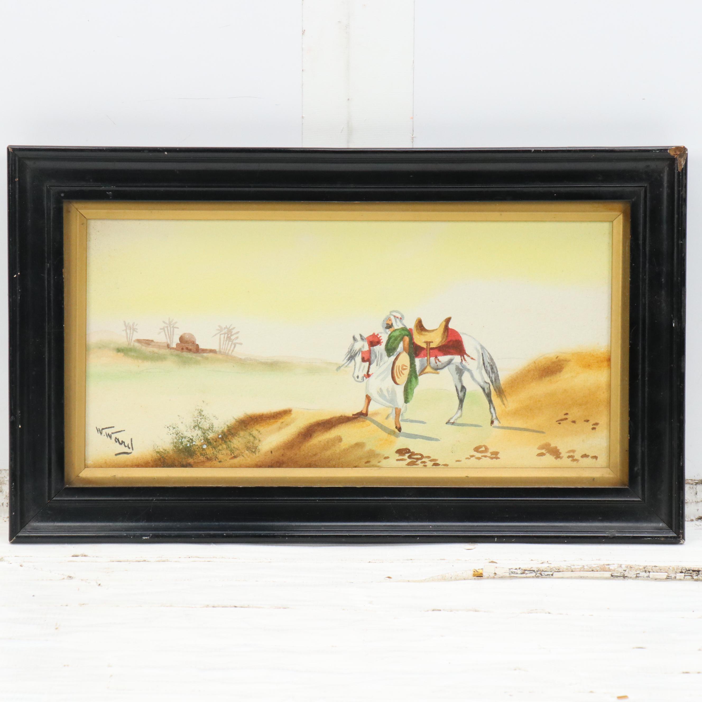 W. Wang Watercolor Paintings of Middle Eastern Desert Scenes, 20th Century