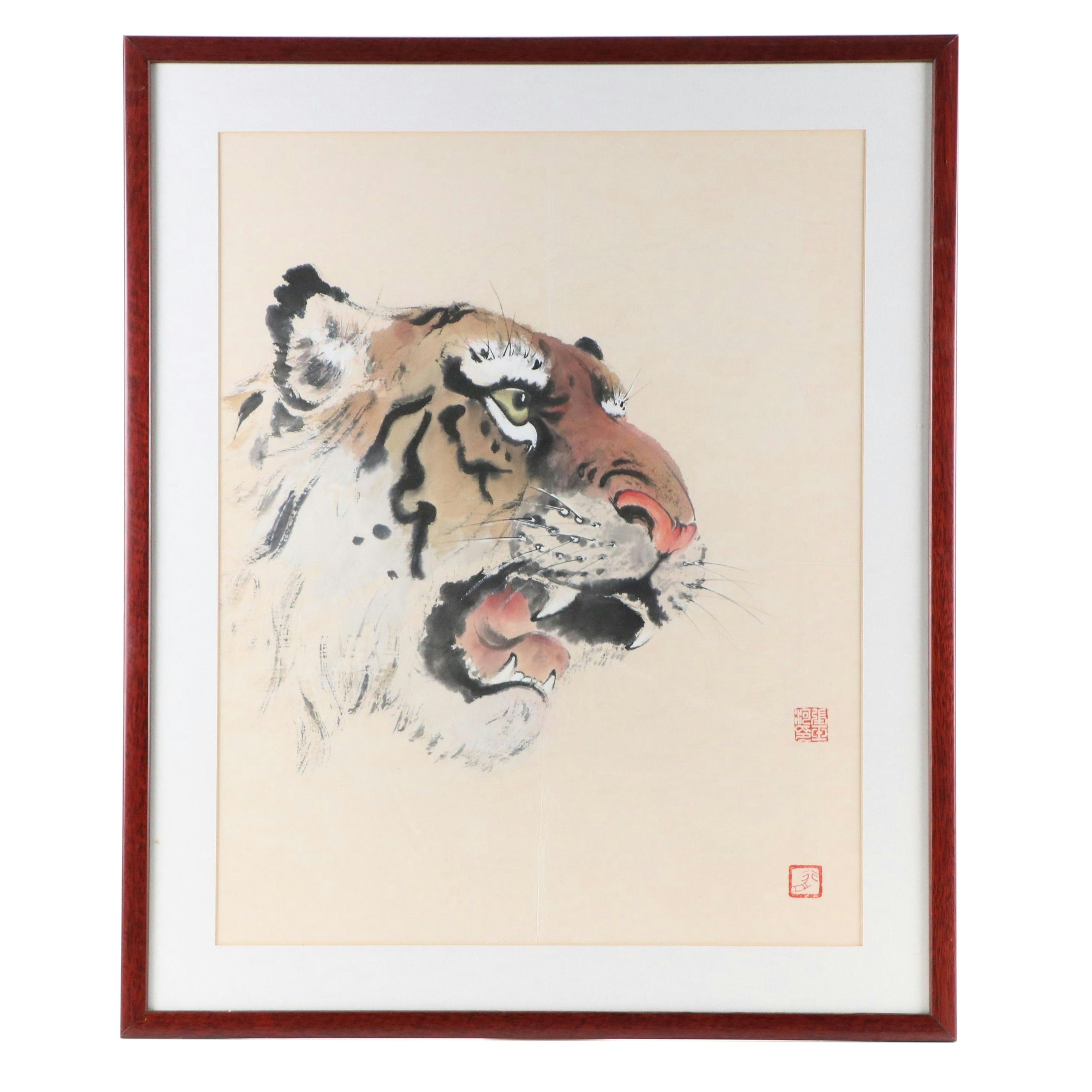 Chinese Ink and Watercolor Painting of Tiger, 20th Century