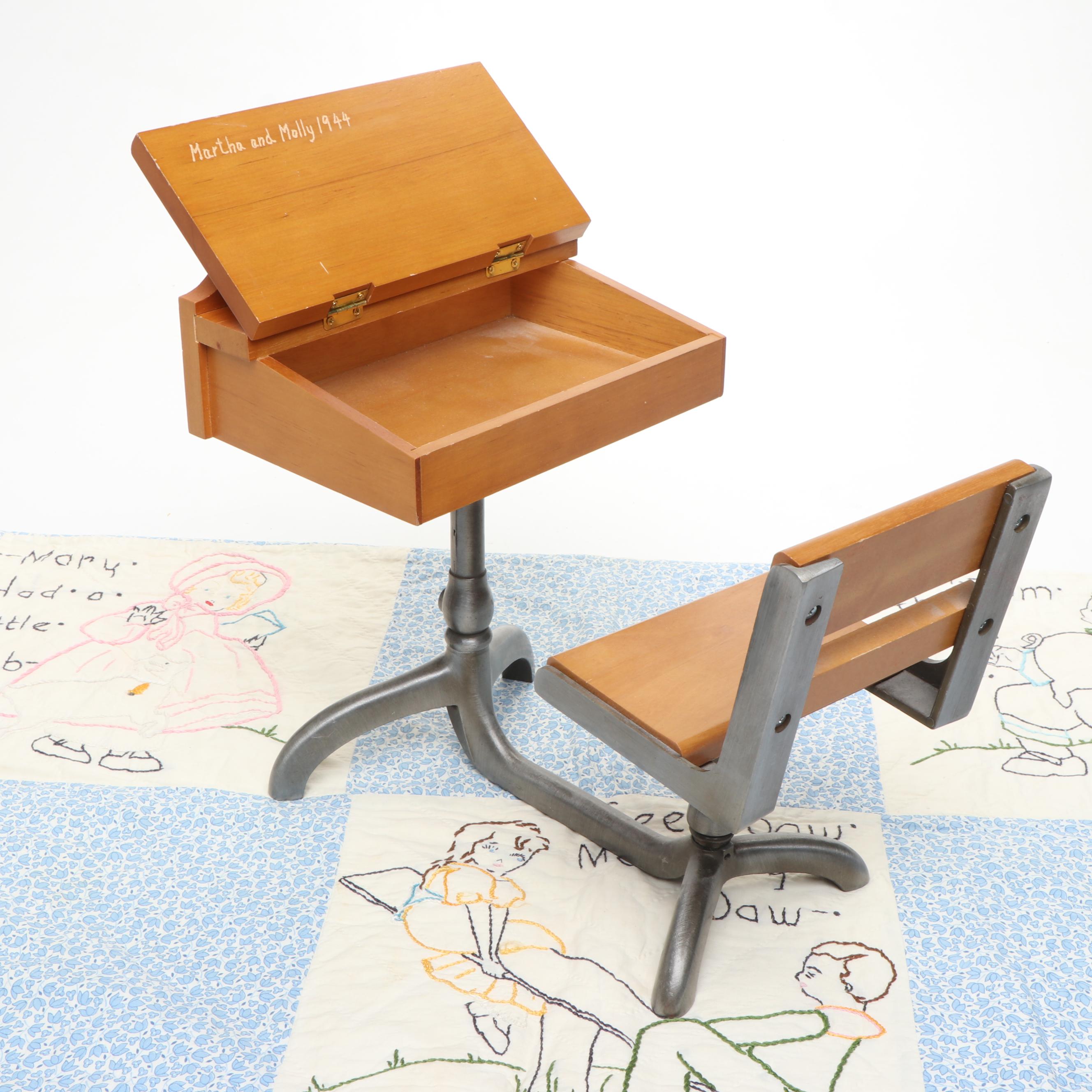 Hand-Embroidered Nursery Rhyme Quilt with American Girl School Desk and More