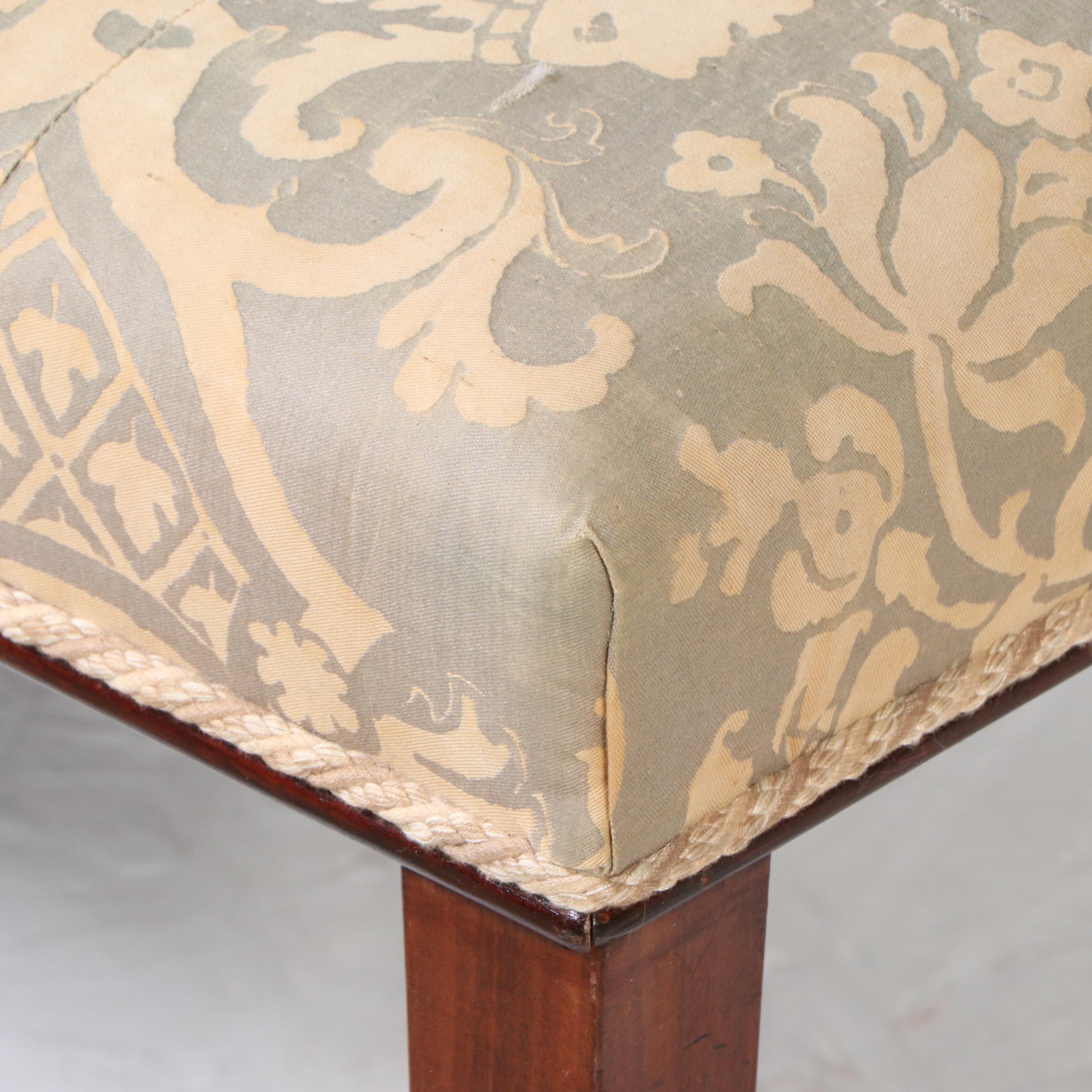 Vintage Fortuny Fabric Upholstered Mahogany Bench