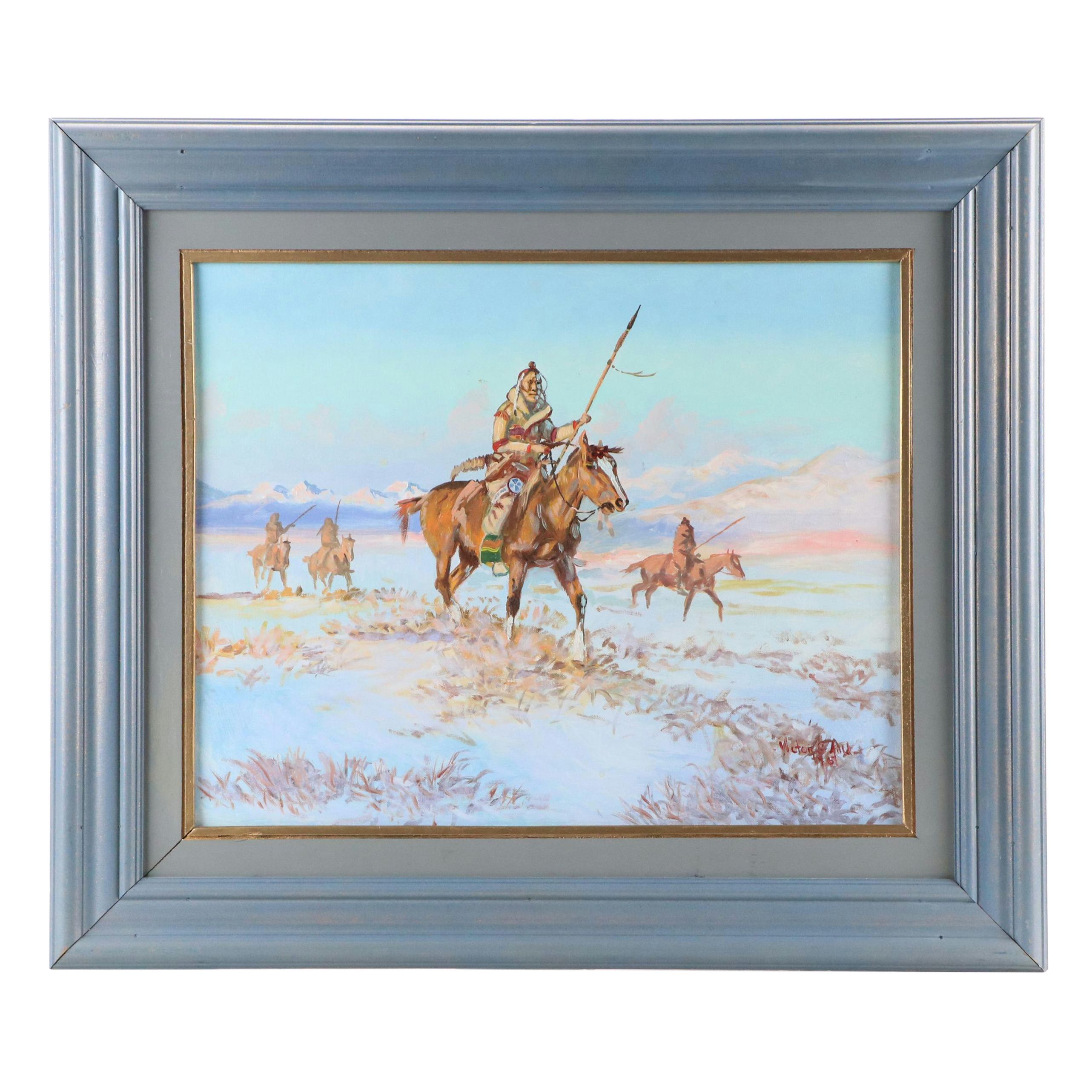 Victor Auld Western Genre Oil Painting "Indians on the Plains," 1967