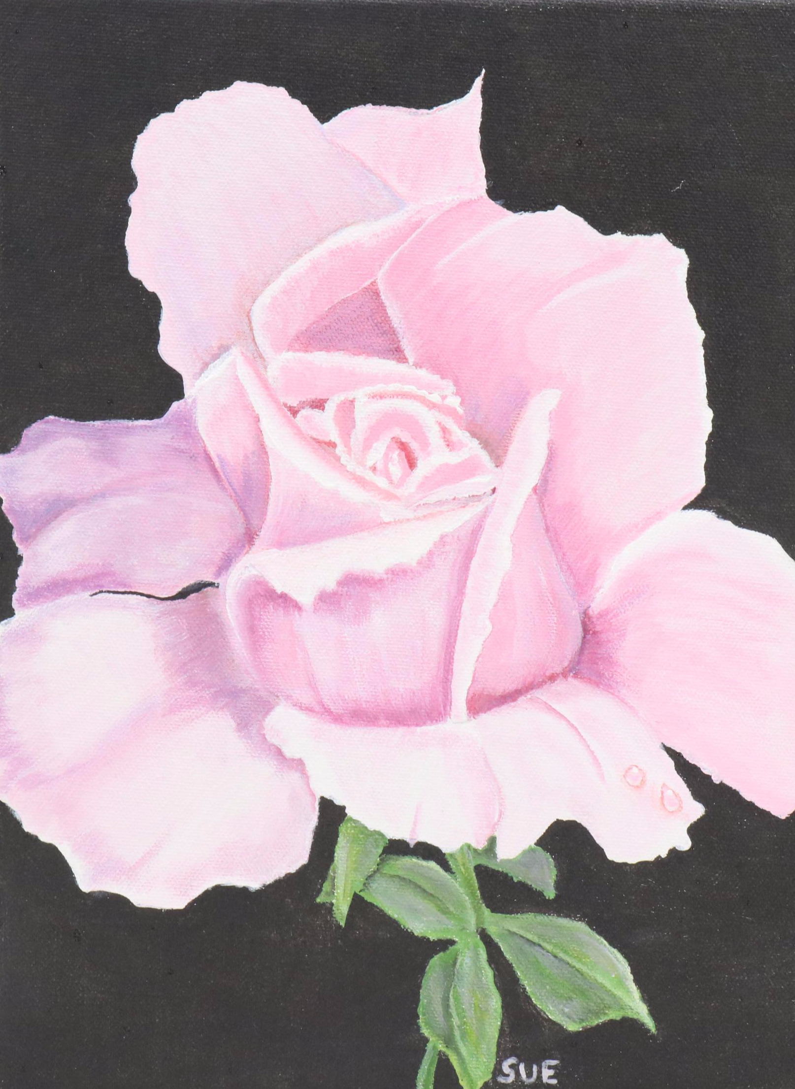 Sue Ervin Acrylic Painting of Pink Rose with Dewdrops, 21st Century