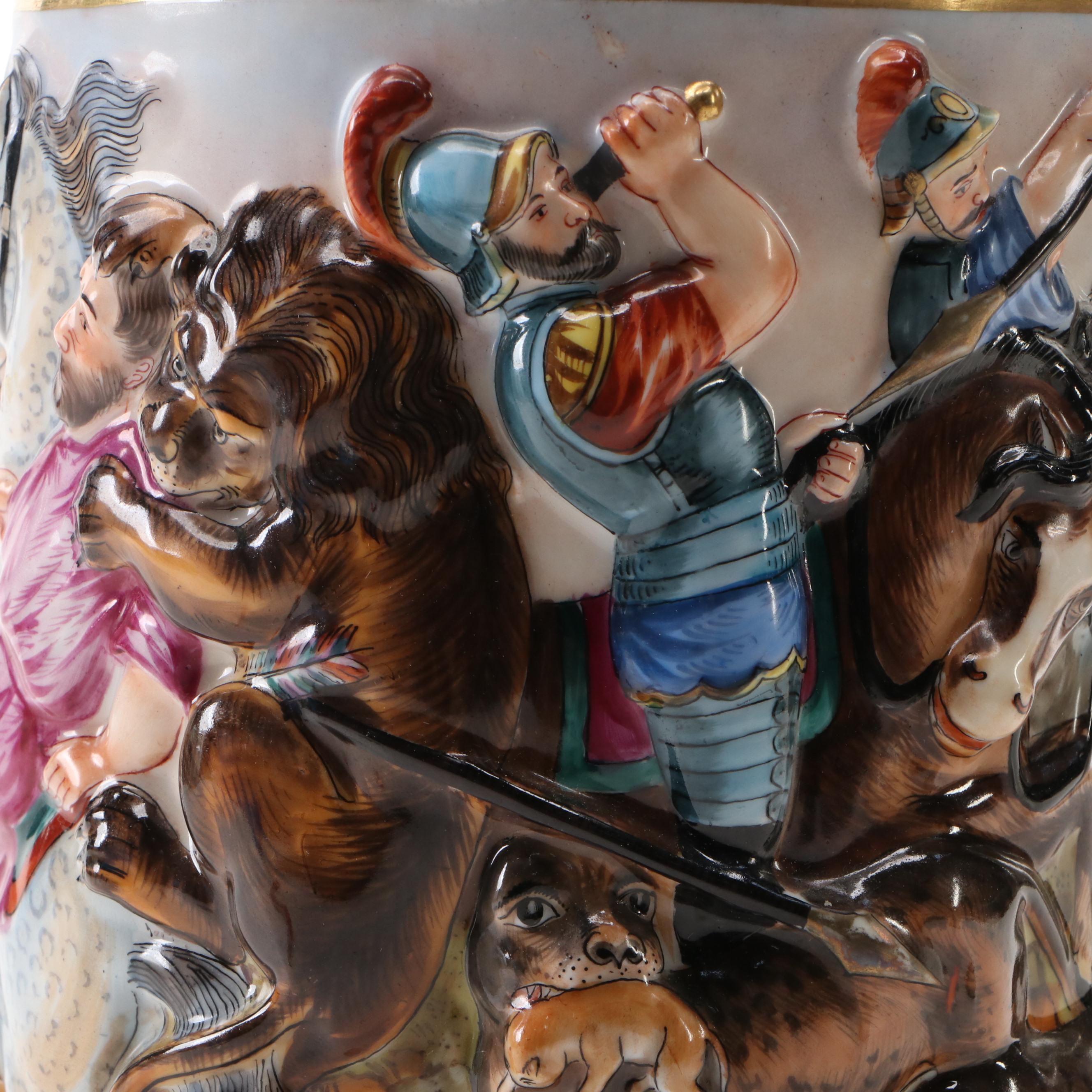 German Porcelain Capodimonte Style Tankard with Royal Doulton Miniature Toby Jug