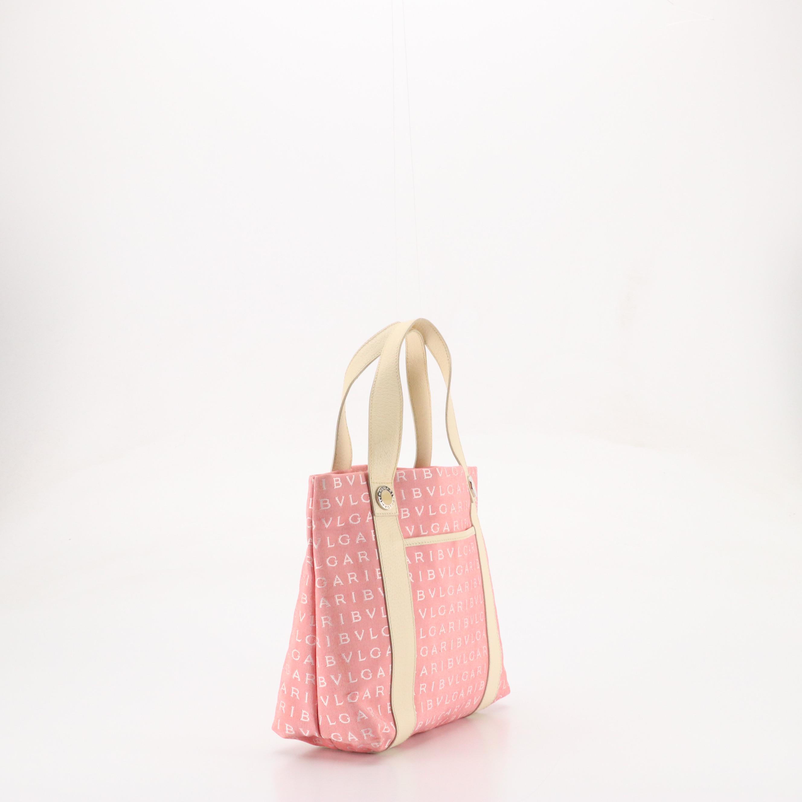 BVLGARI Sophia Tote in Pink Logomania Jacquard Canvas and White Leather
