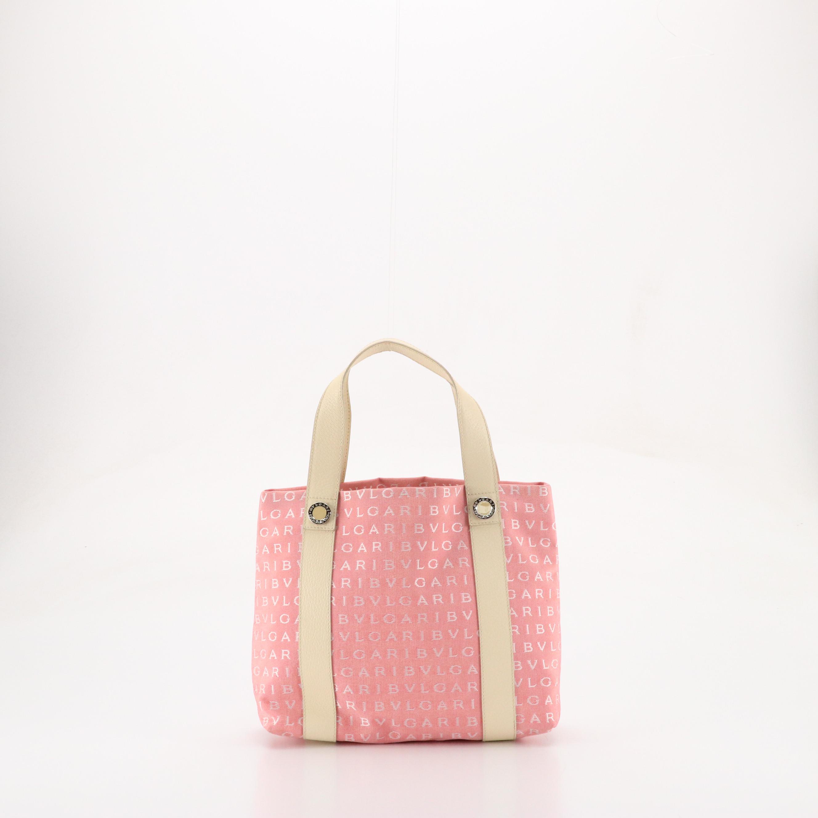 BVLGARI Sophia Tote in Pink Logomania Jacquard Canvas and White Leather