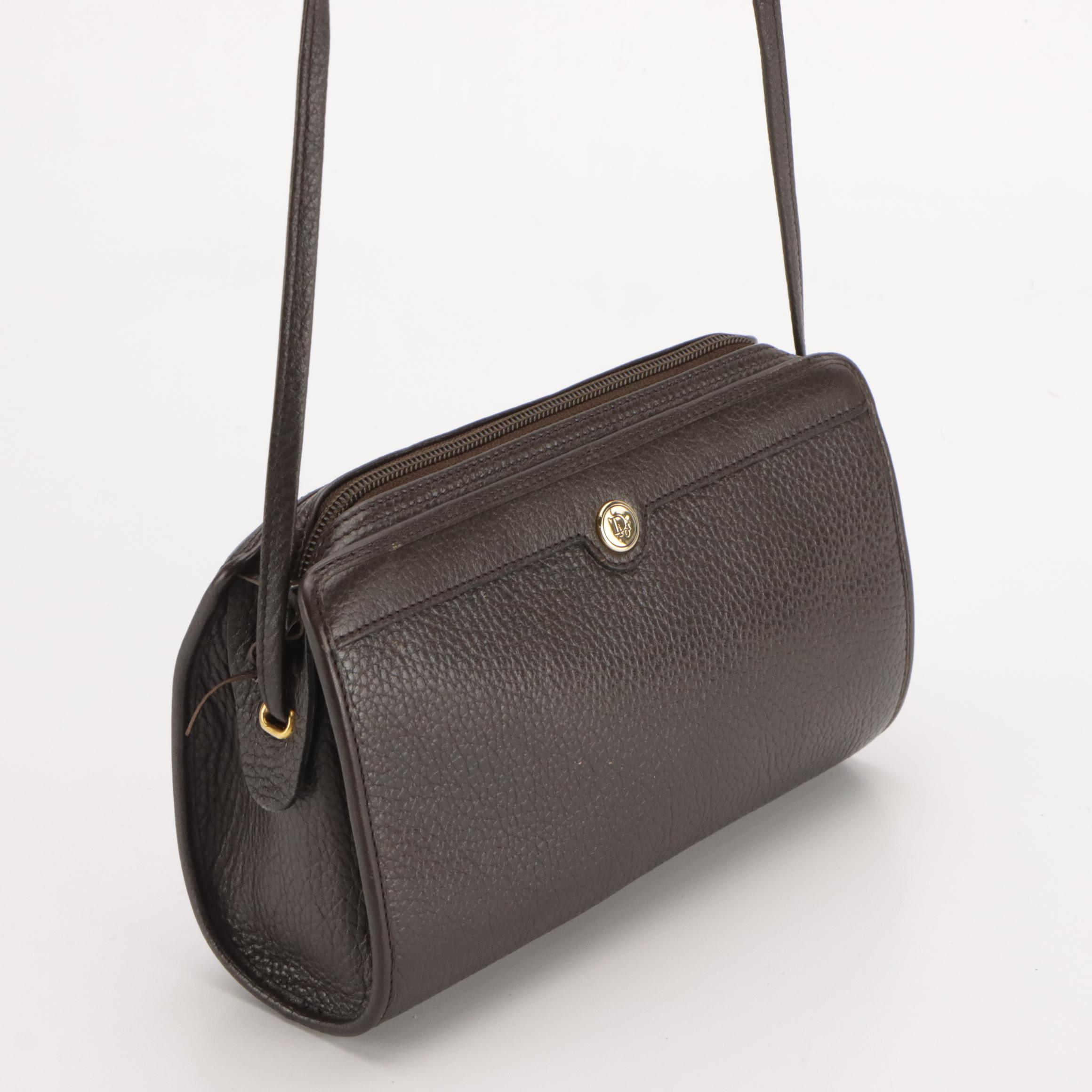 Christian Dior Zippered Crossbody Bag in Dark Brown Grained Leather