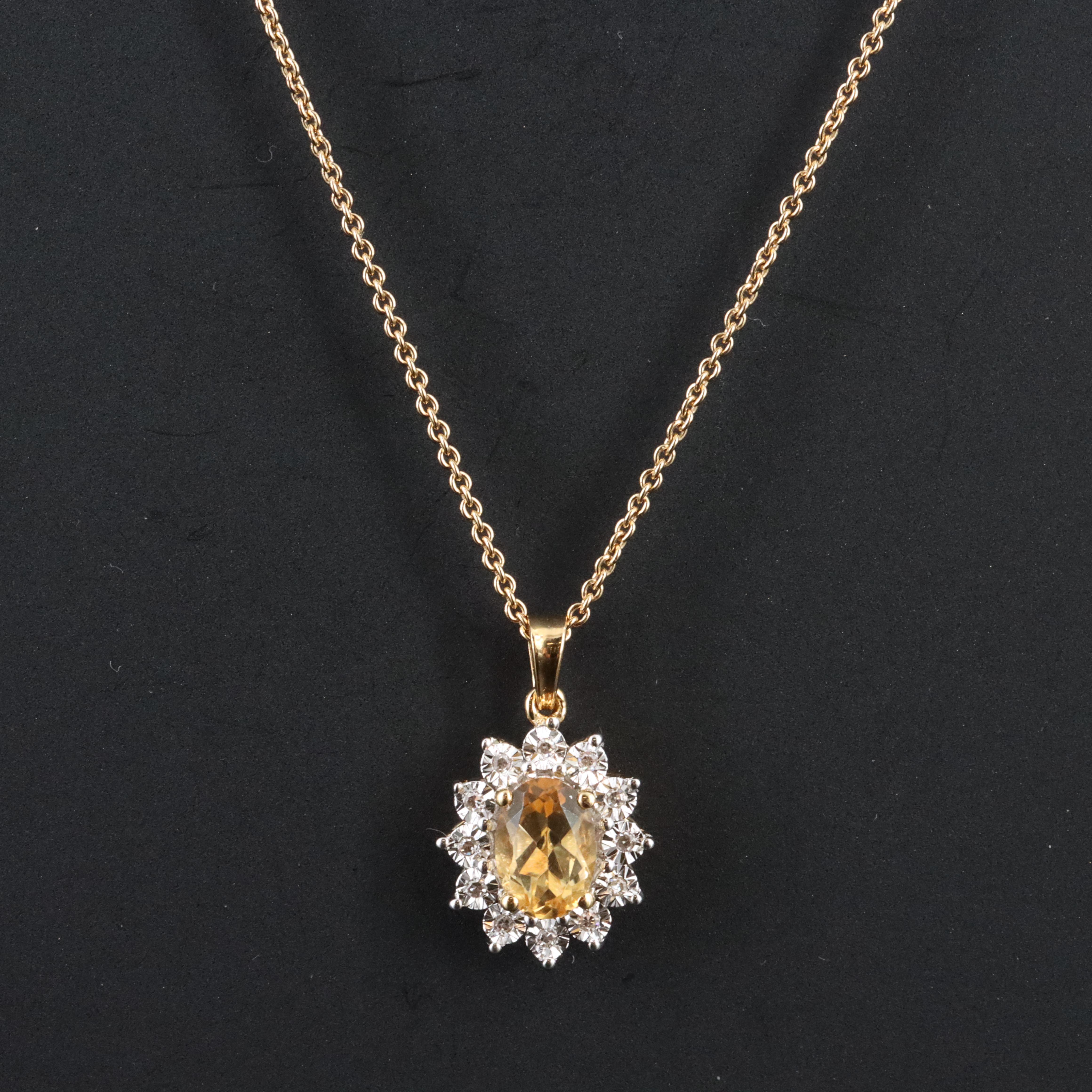 Sterling Citrine and Diamond Pendant Necklace in Gold Tone