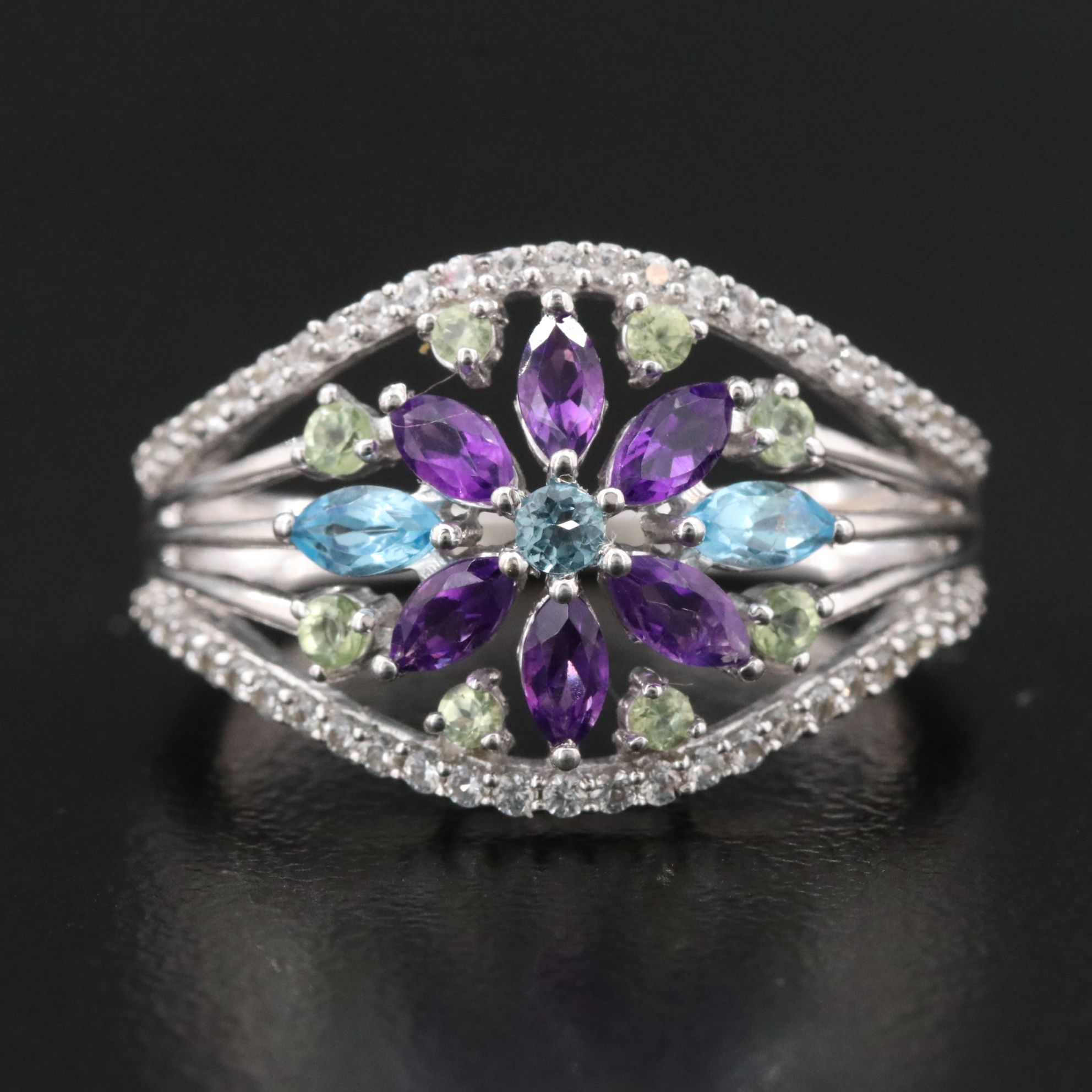 Sterling Amethyst, Peridot and White Sapphire Ring