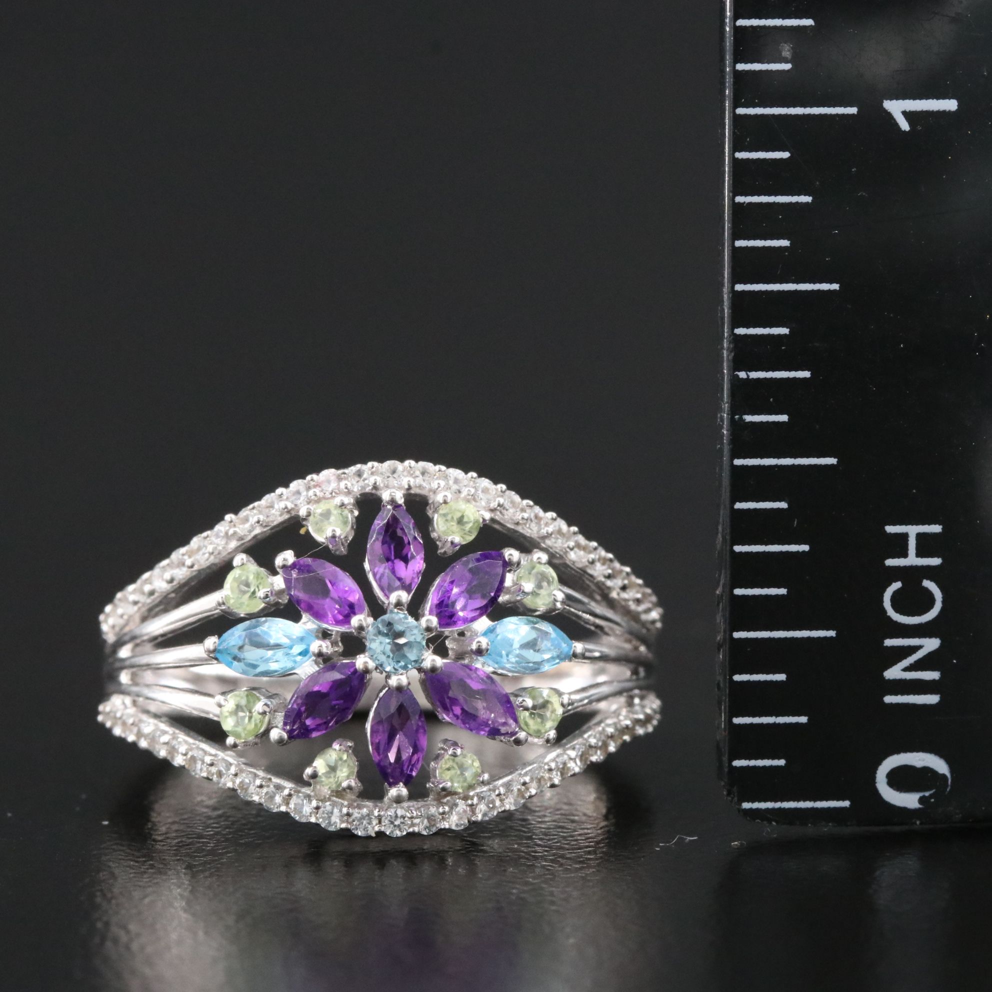 Sterling Amethyst, Peridot and White Sapphire Ring