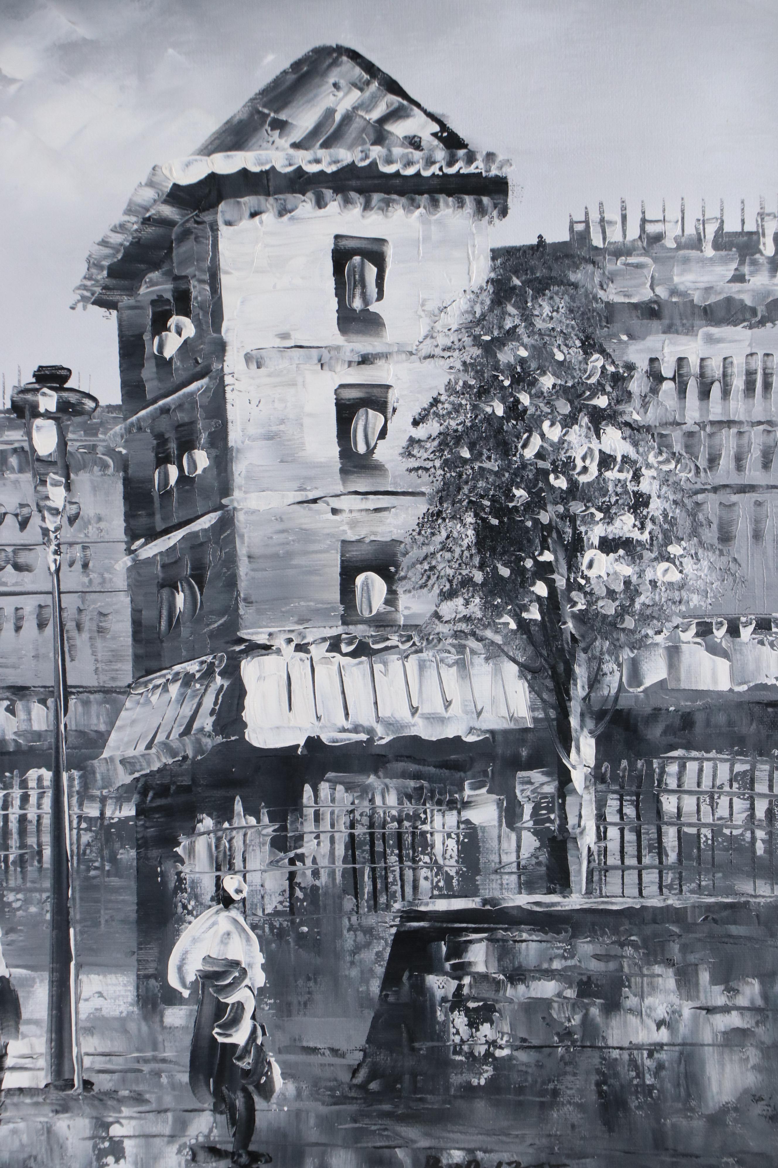 Black and White Parisian Acrylic Painting After Caroline Burnett, 21st Century