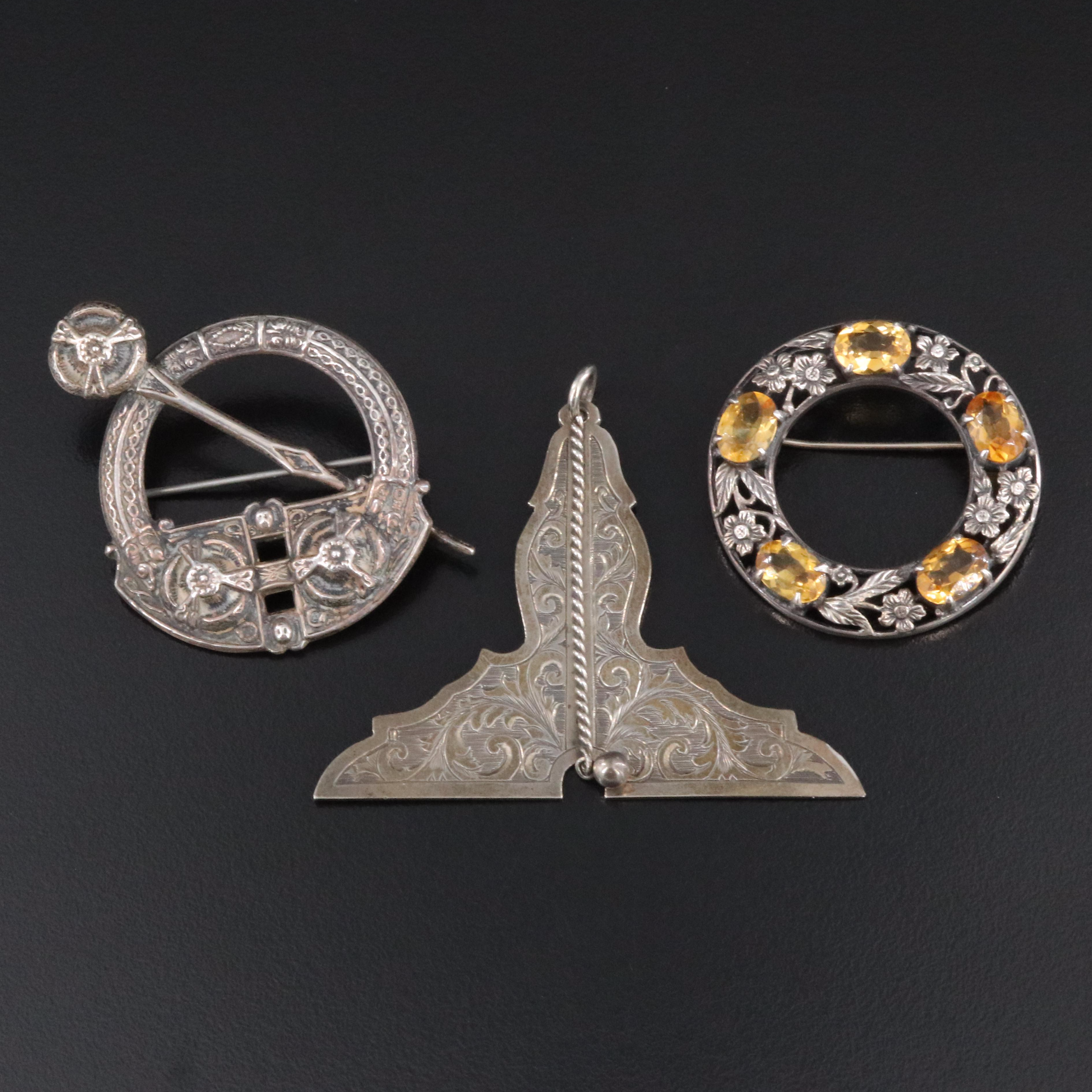 Antique Scottish and English 800 and 950 Silver Brooches and Pendant
