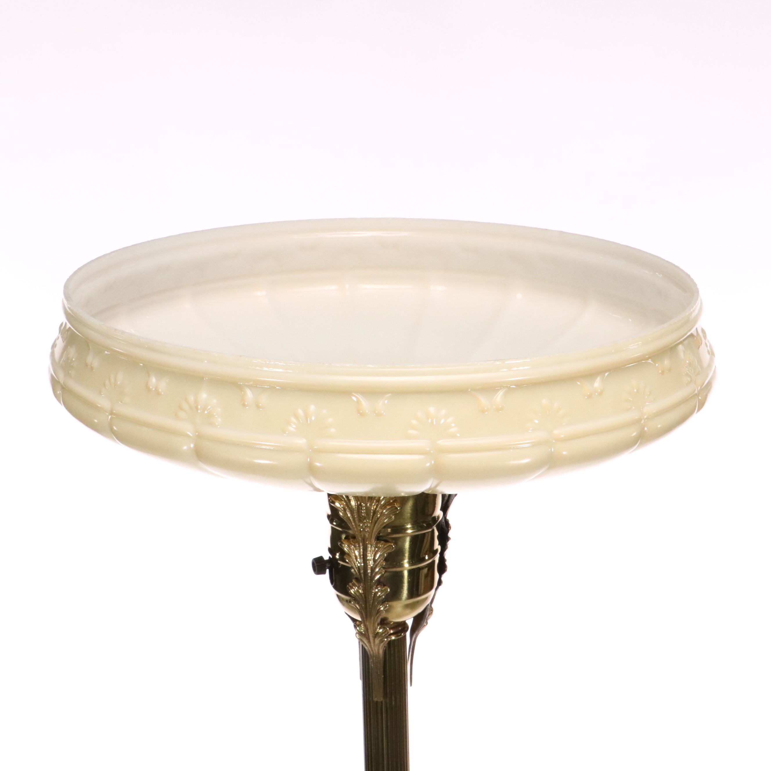 Neoclassical Style Lacquered Brass Floor Torchiere Lamp & Buff Iridescent Shade