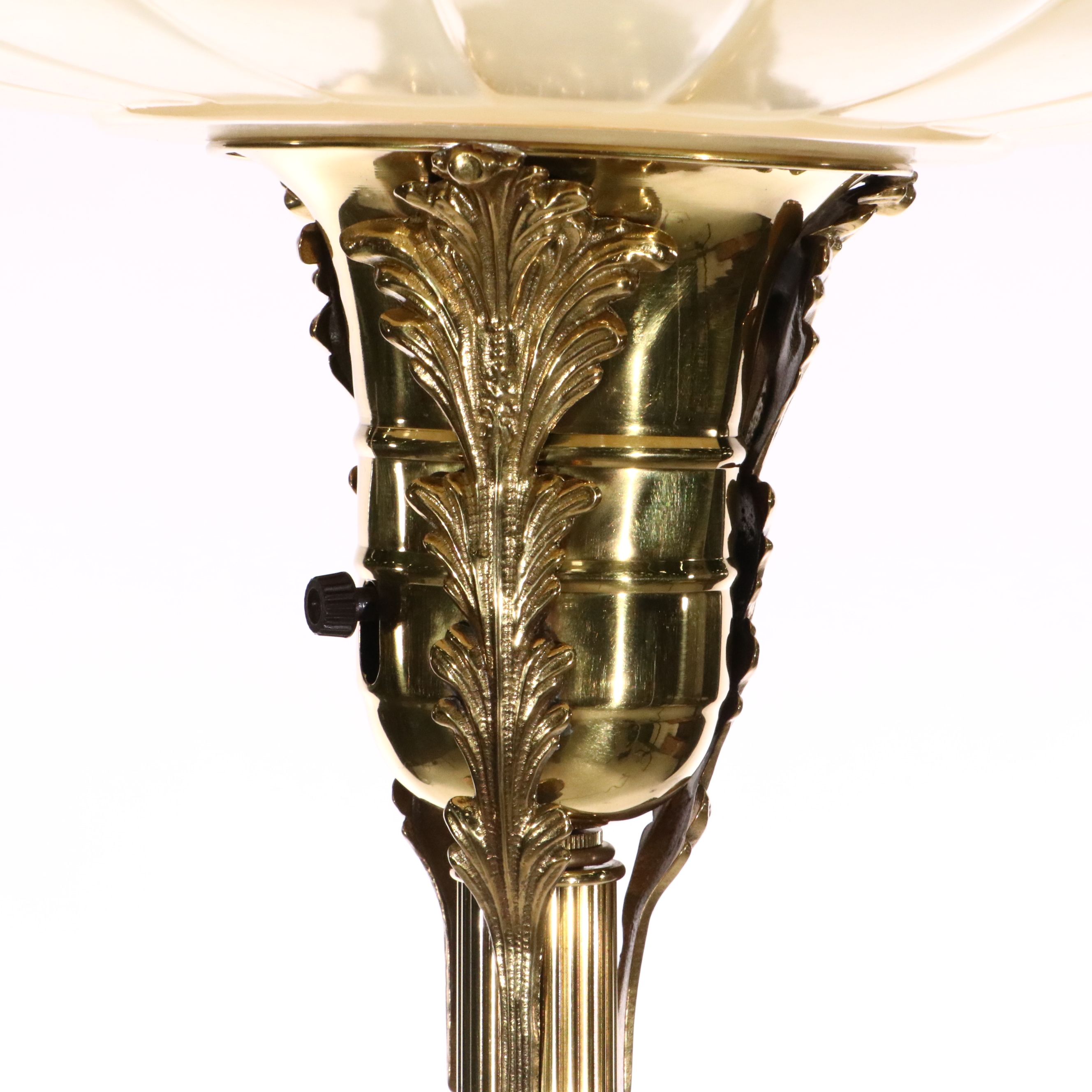 Neoclassical Style Lacquered Brass Floor Torchiere Lamp & Buff Iridescent Shade