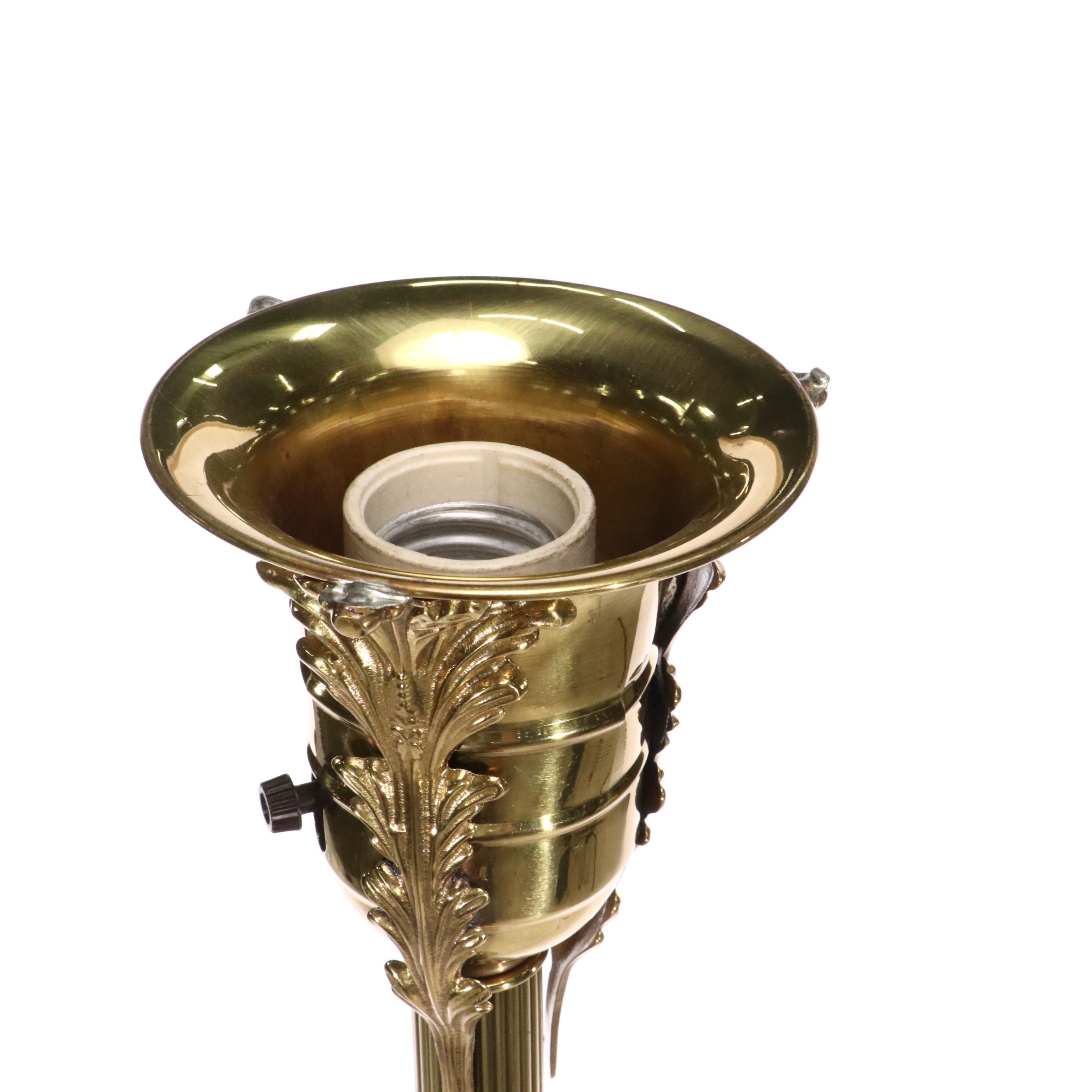 Neoclassical Style Lacquered Brass Floor Torchiere Lamp & Buff Iridescent Shade