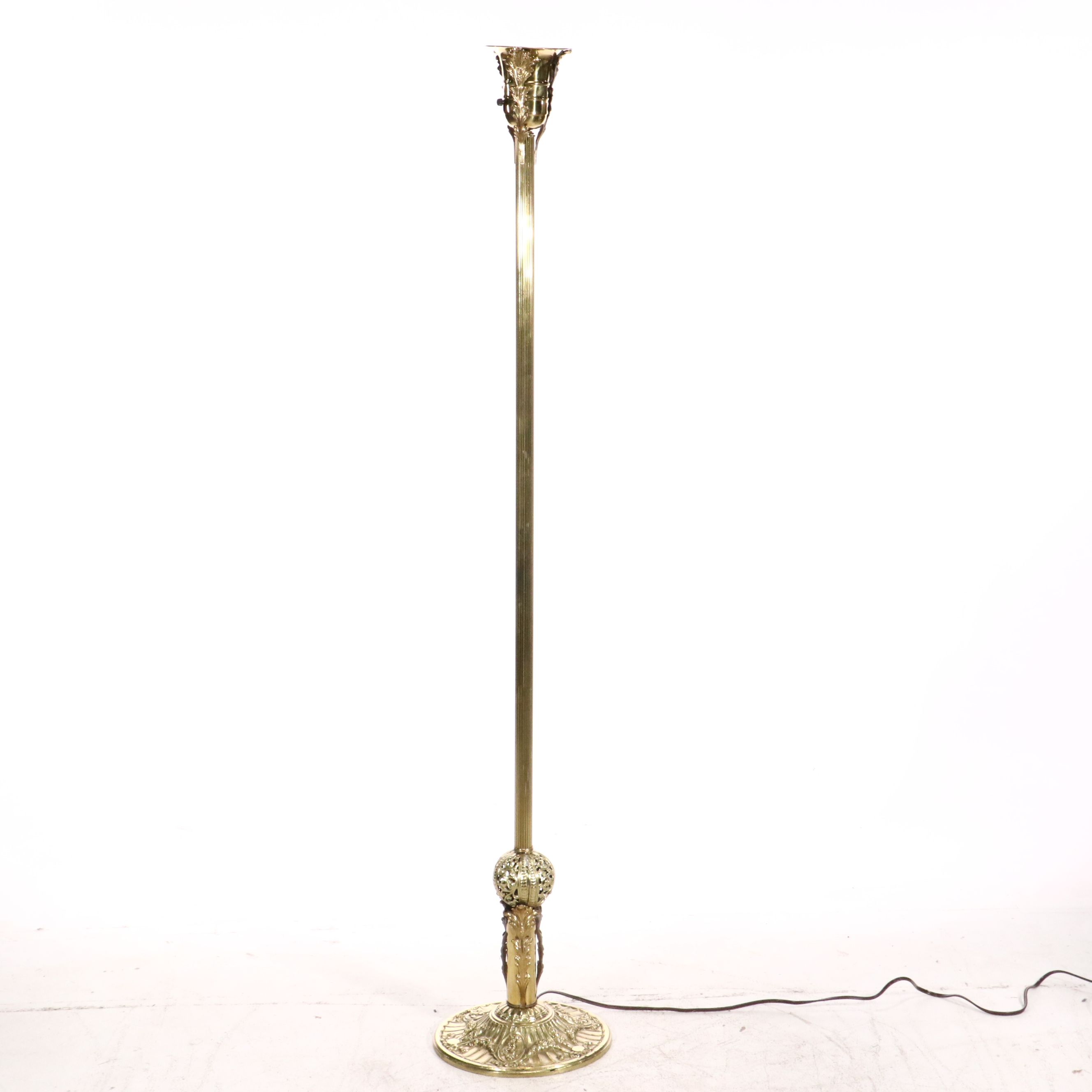 Neoclassical Style Lacquered Brass Floor Torchiere Lamp & Buff Iridescent Shade