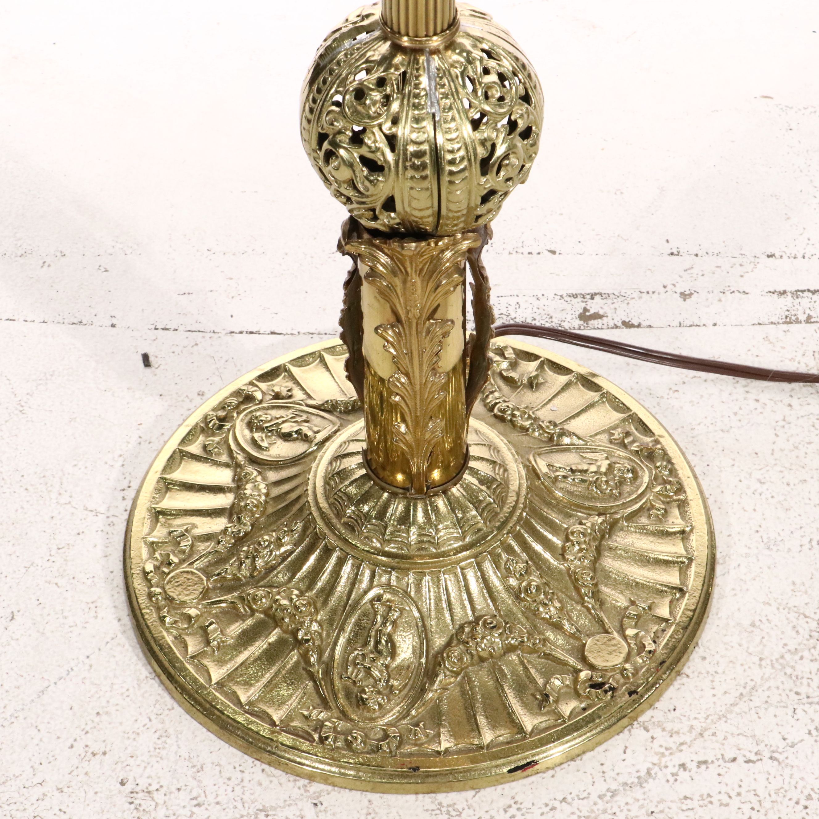 Neoclassical Style Lacquered Brass Floor Torchiere Lamp & Buff Iridescent Shade