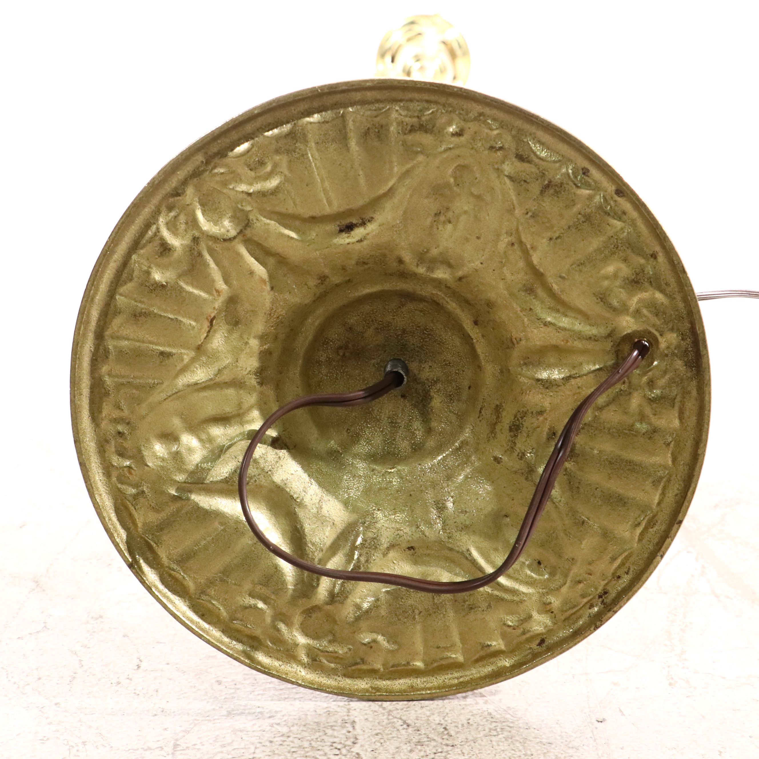 Neoclassical Style Lacquered Brass Floor Torchiere Lamp & Buff Iridescent Shade