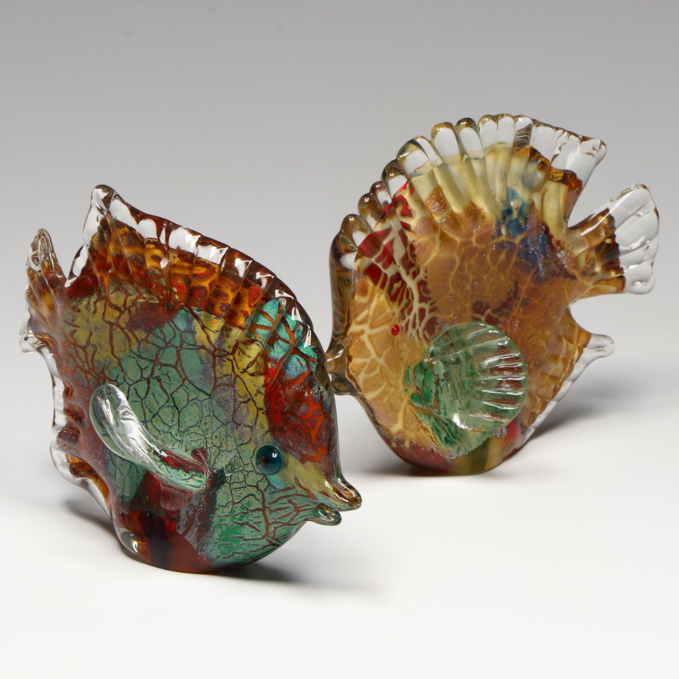 Pair of Dichroic Cased Art Glass Butterfly Fish Sculptures