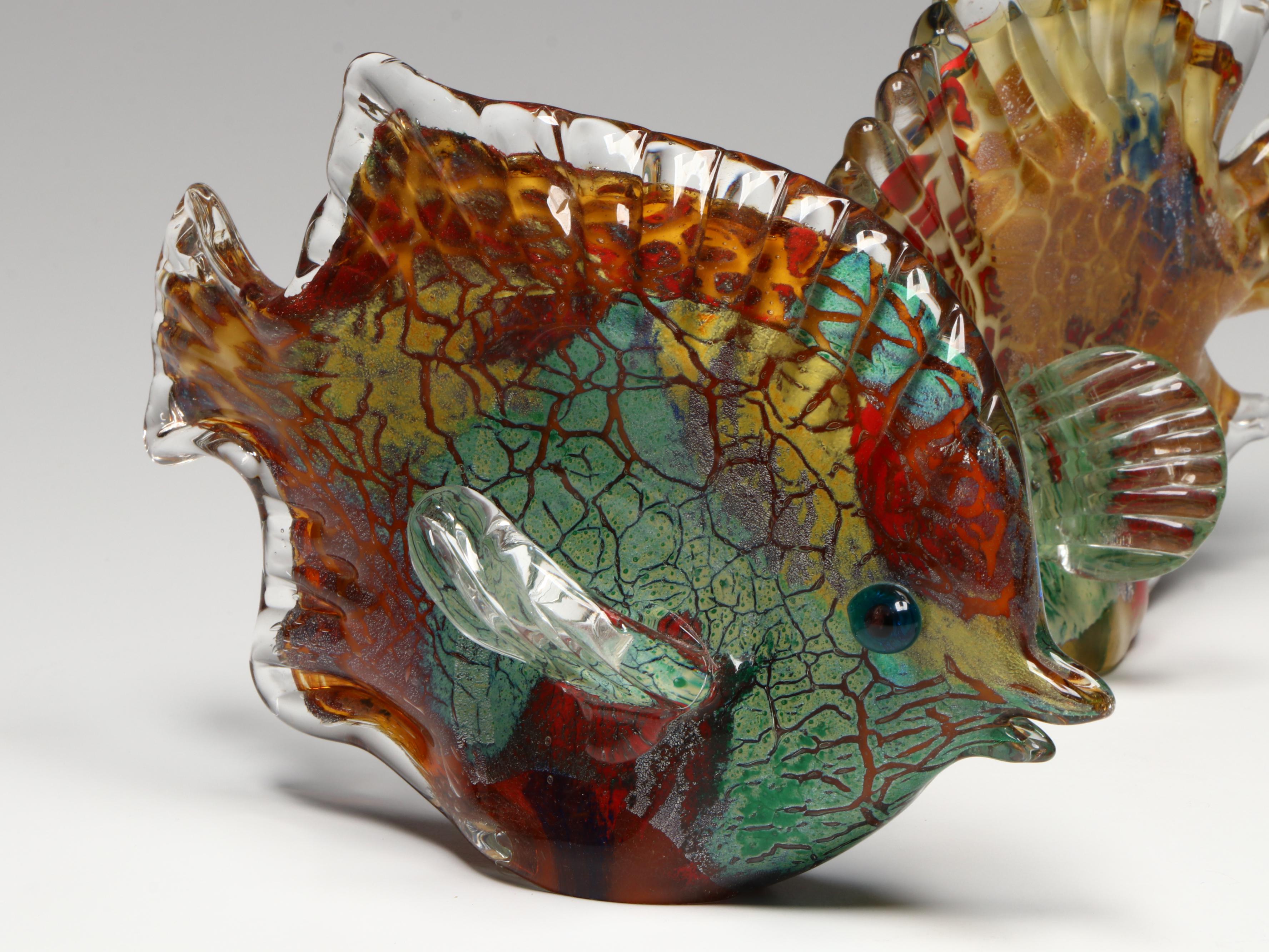 Pair of Dichroic Cased Art Glass Butterfly Fish Sculptures