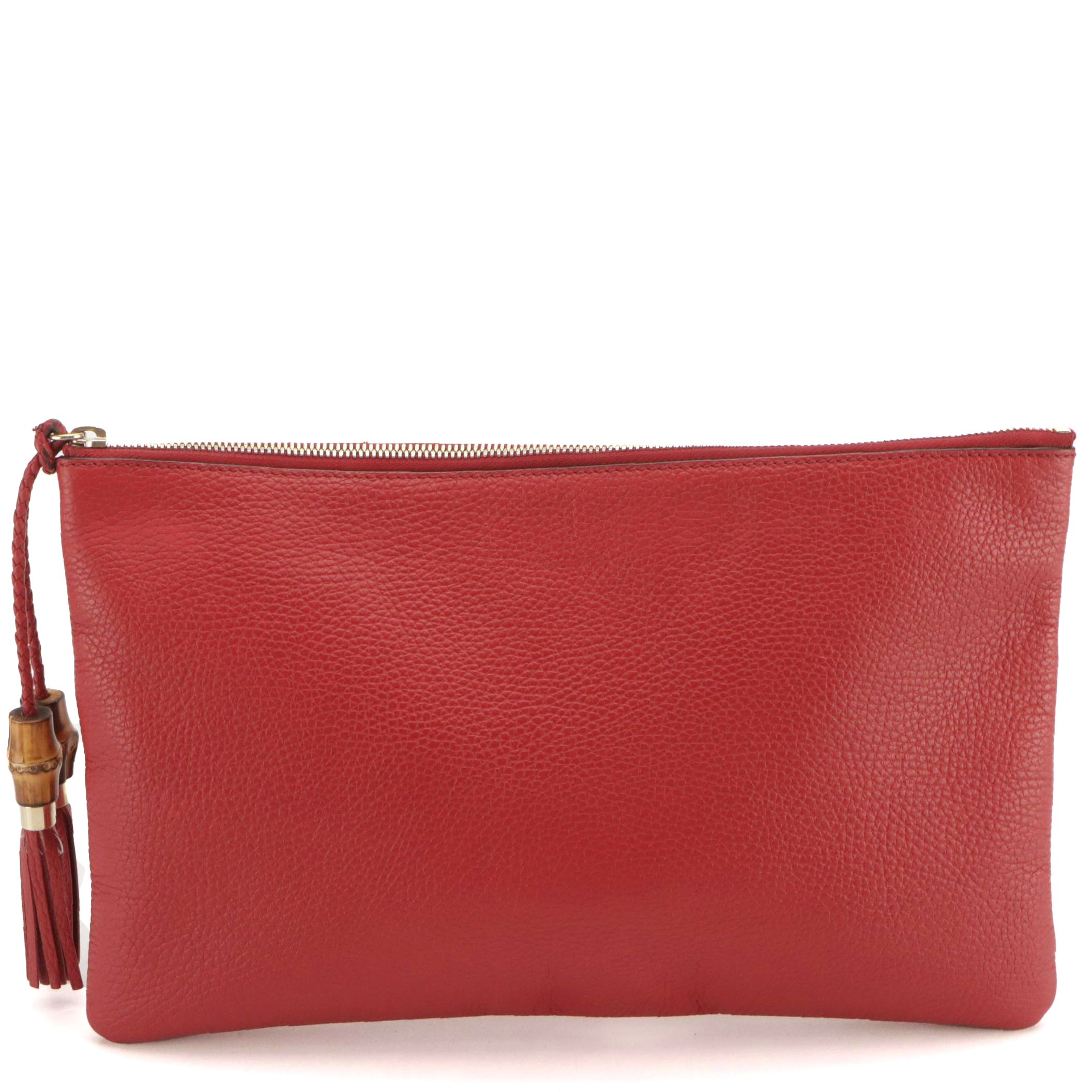 Gucci Bamboo Tassel Large Zip Pouch in Red Grained Calfskin Leather